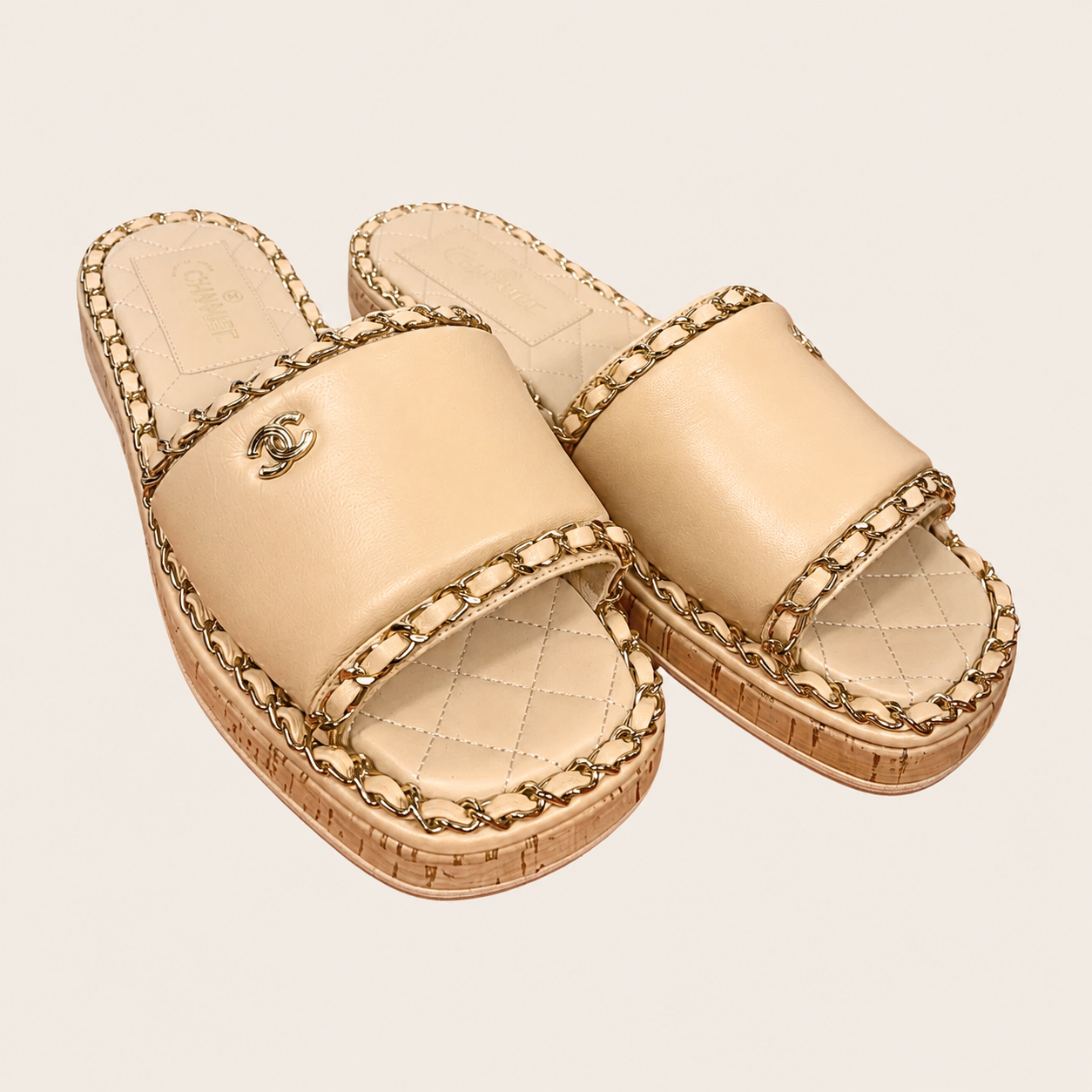 CHANEL - Chain Trim Quilted Slide Sandals, 37