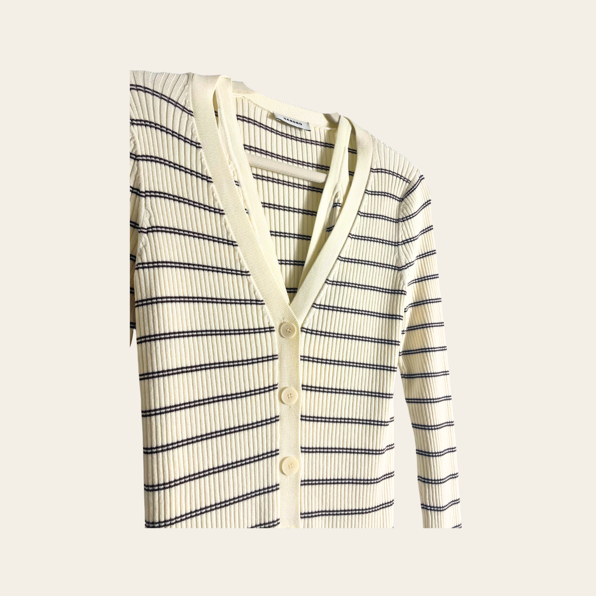 SANDRO – Cardigan Côtelé Rayé Écru & Marron, Taille 2 (M)