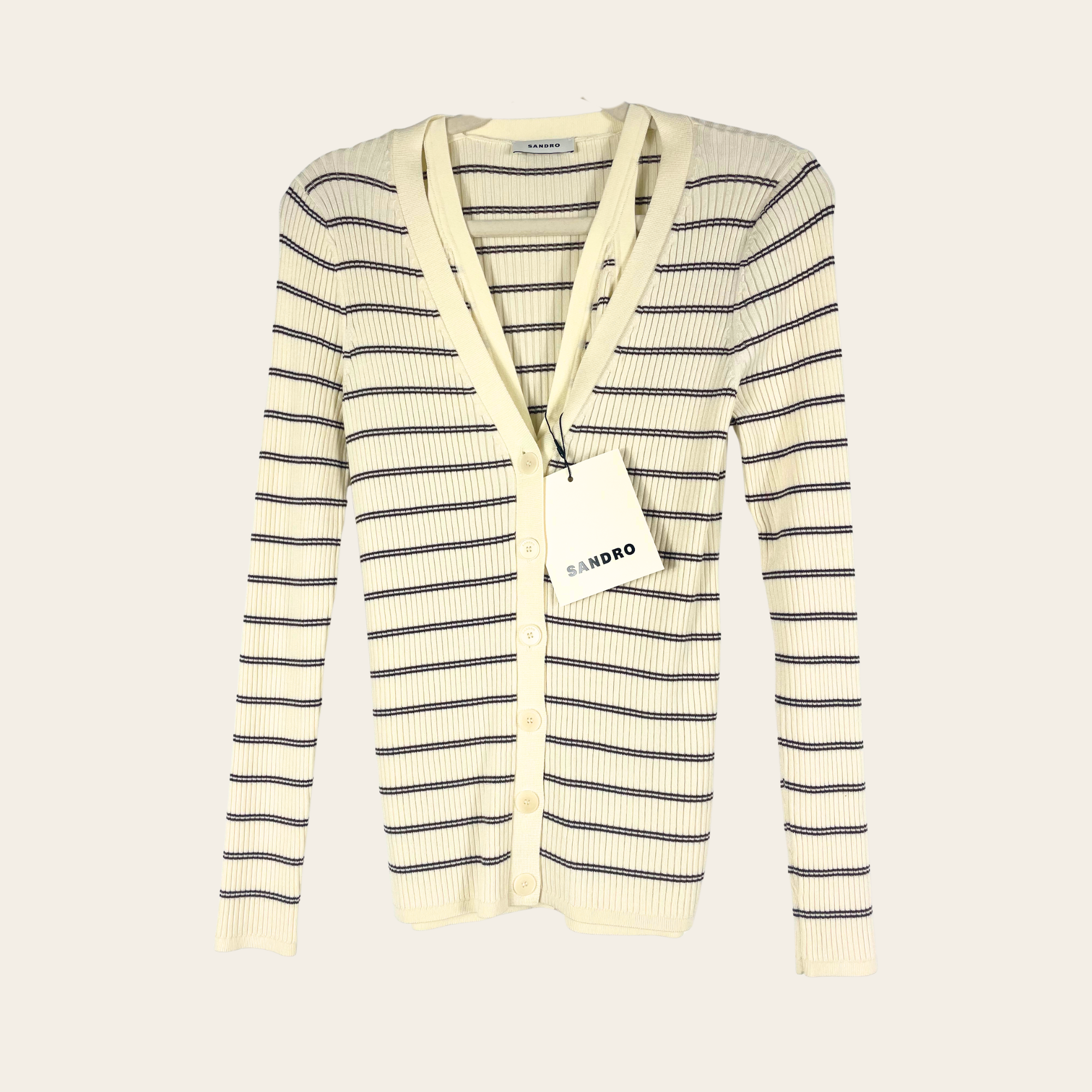 SANDRO – Cardigan Côtelé Rayé Écru & Marron, Taille 2 (M)