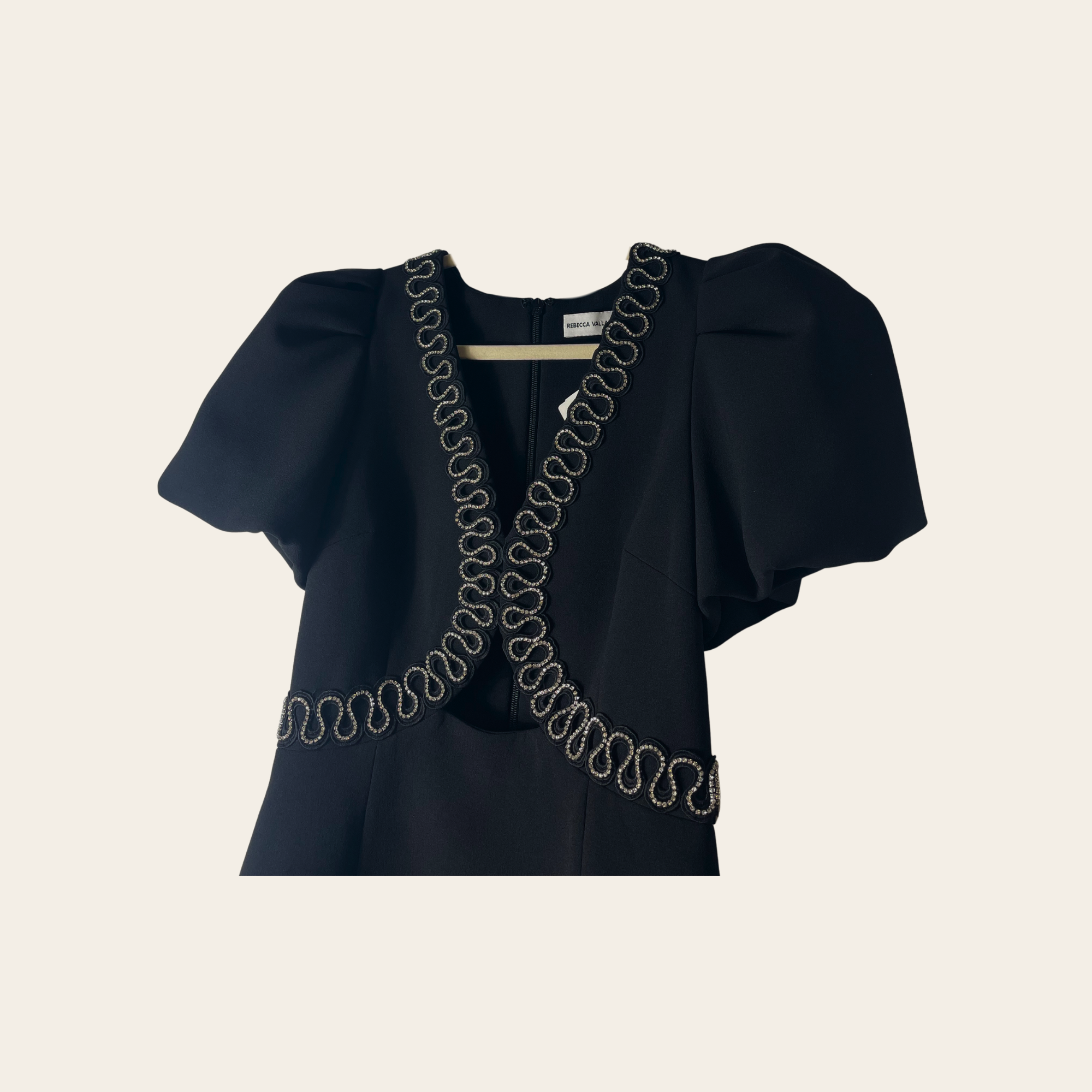 REBECCA VALLANCE – Robe Midi Sculpturale à Cristaux, Taille 38 (US 6)