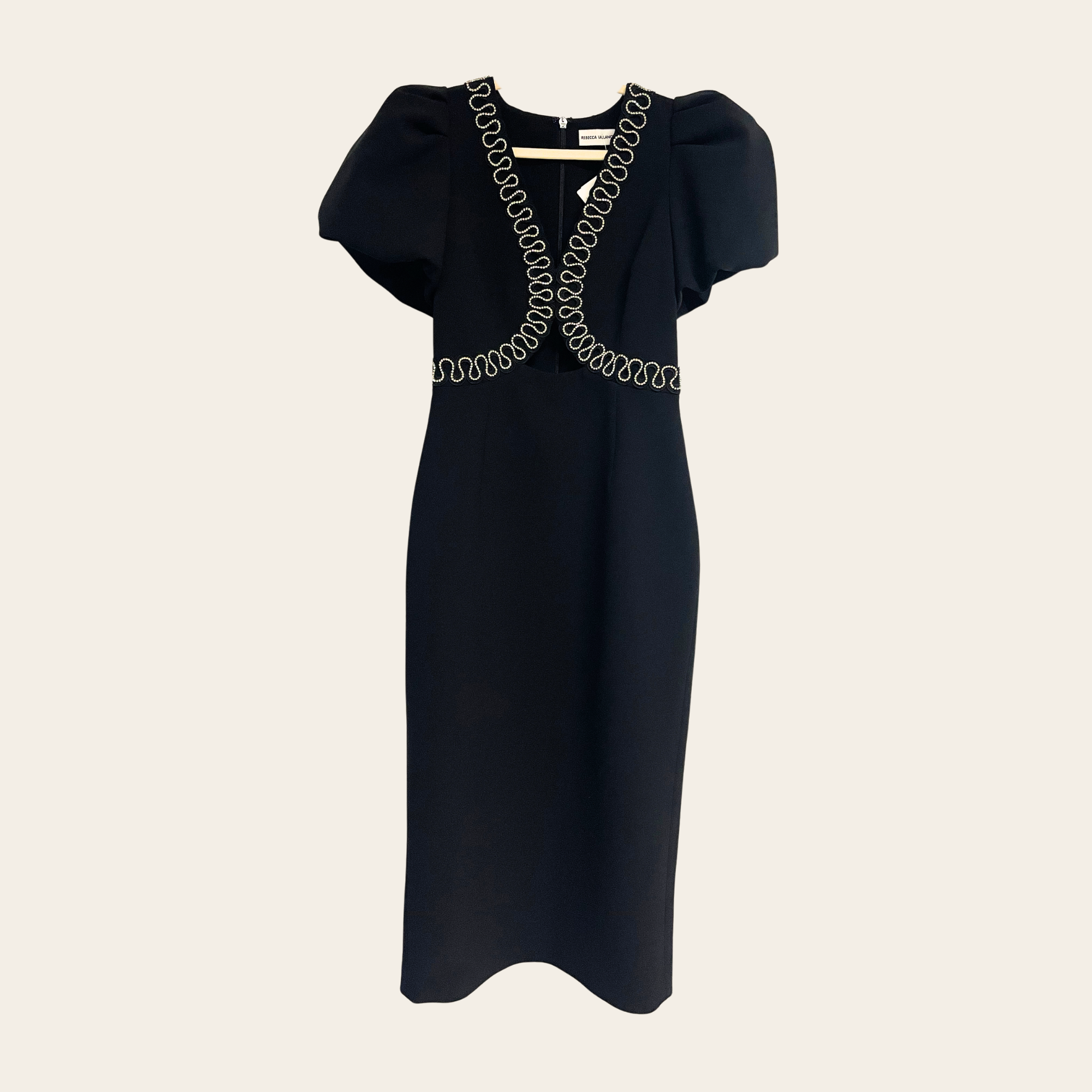 REBECCA VALLANCE – Robe Midi Sculpturale à Cristaux, Taille 38 (US 6)