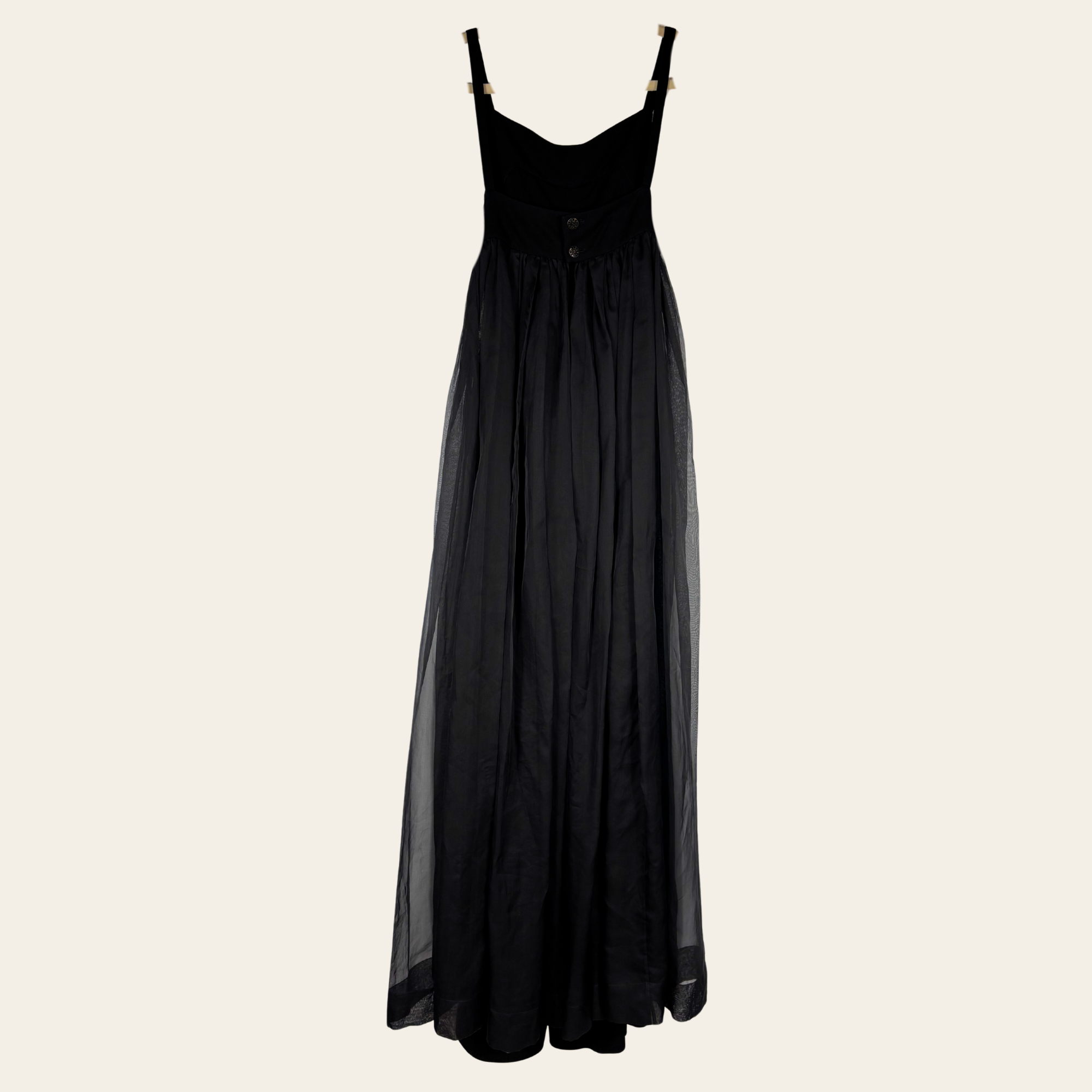 CHANEL – Robe Longue en Soie et Tulle Noir à Camélia, Taille 42