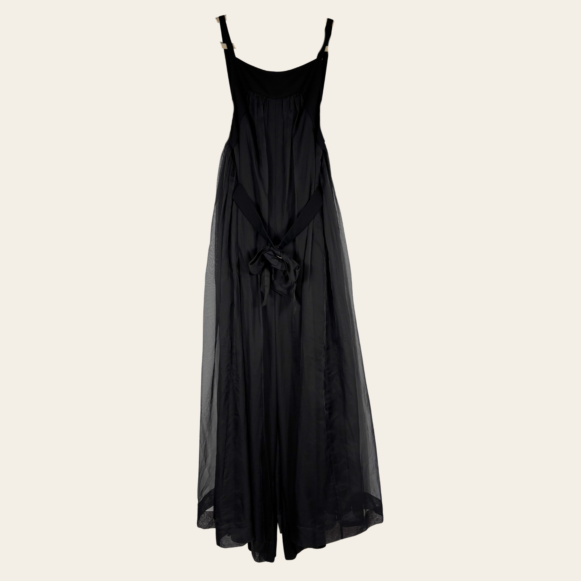 CHANEL – Robe Longue en Soie et Tulle Noir à Camélia, Taille 42