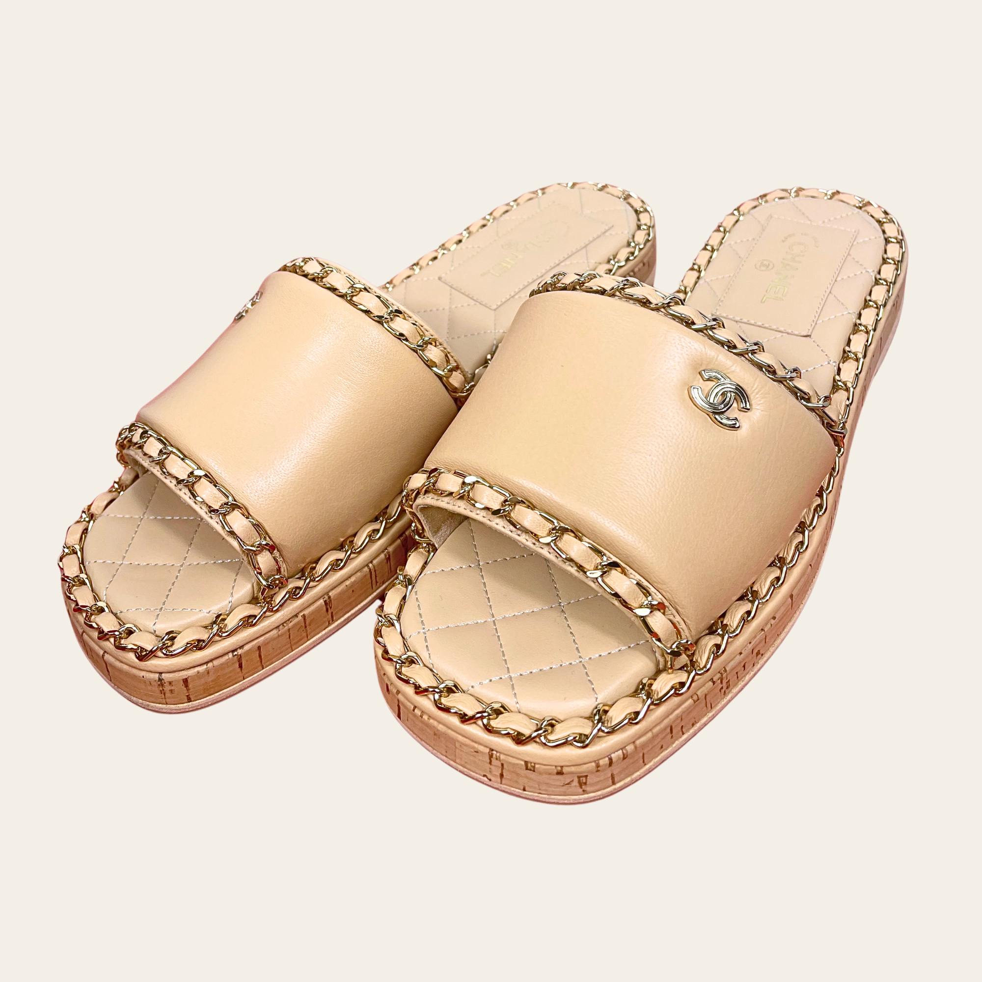 CHANEL - Chain Trim Quilted Slide Sandals, 37