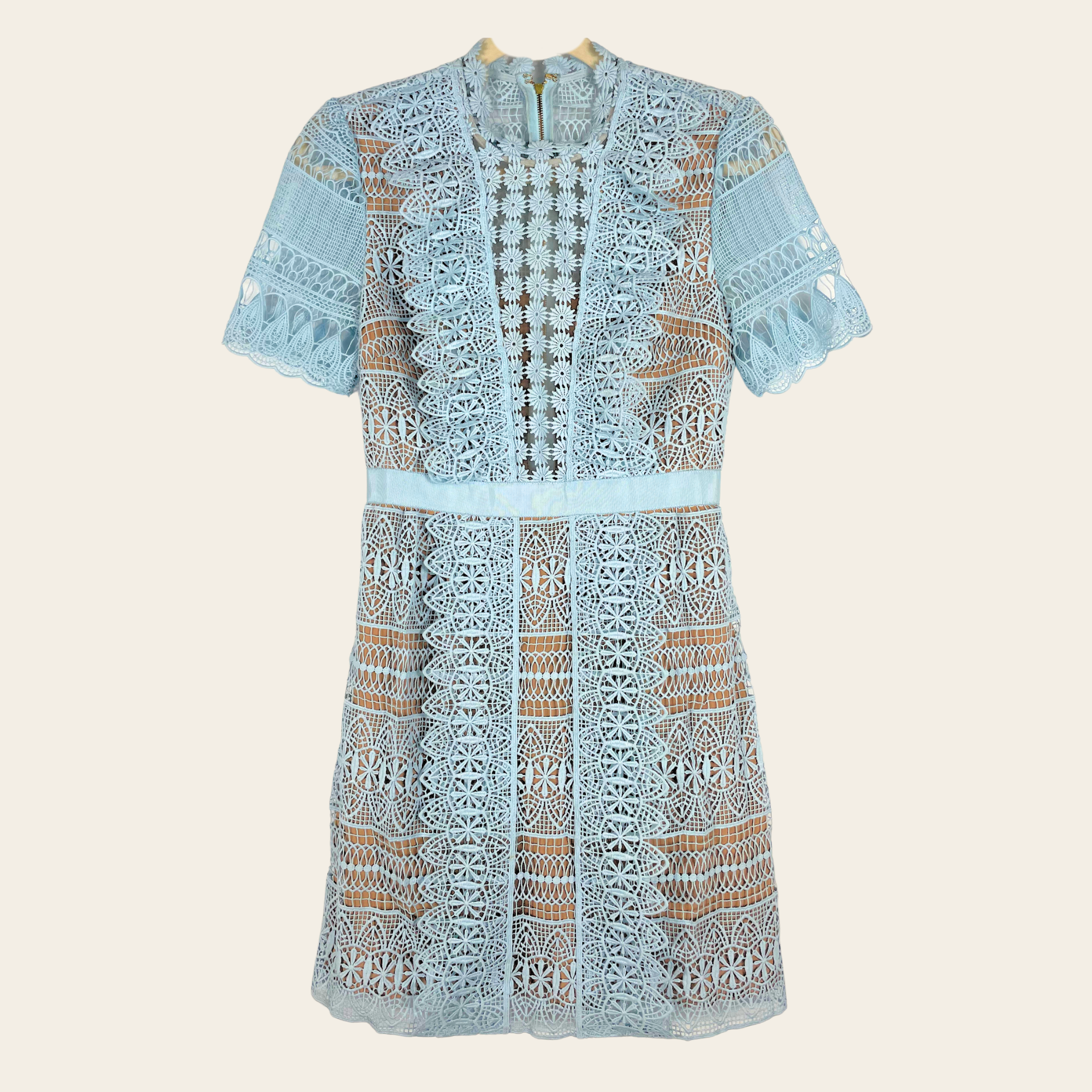 SELF-PORTRAIT - Blue Spiral Panel Lace Mini Dress,L