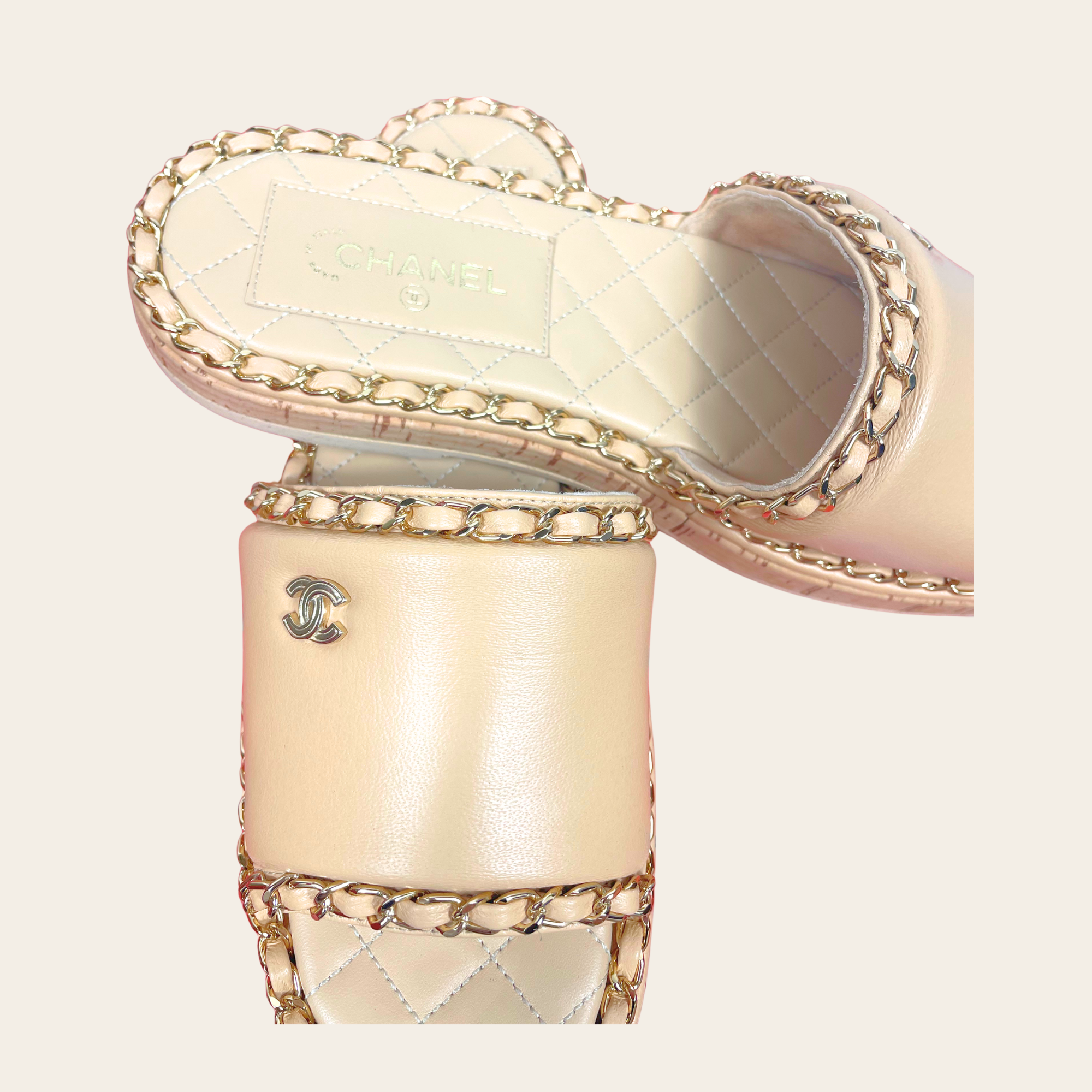CHANEL - Chain Trim Quilted Slide Sandals, 37
