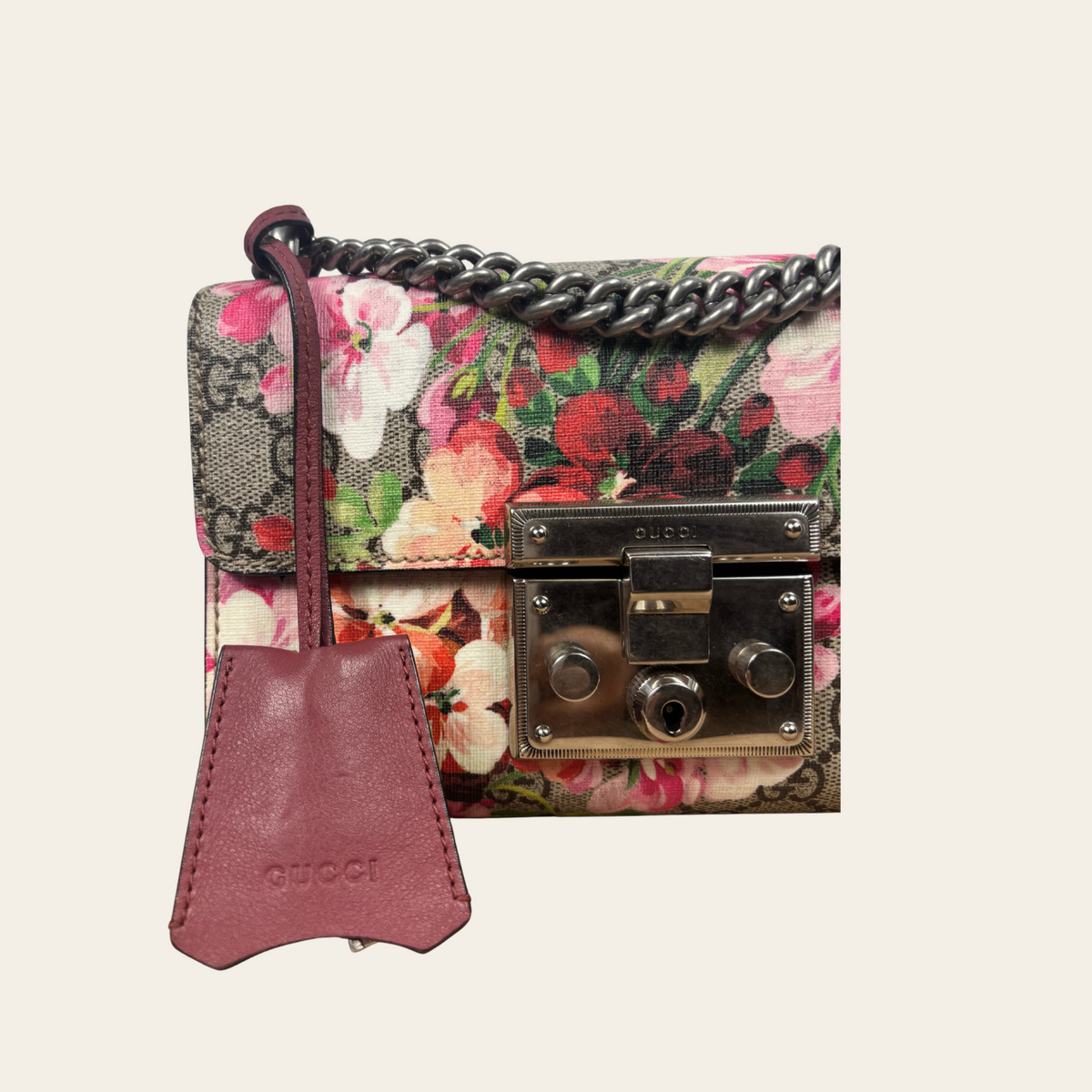 GUCCI — Sac Padlock Small GG Supreme Blooms à imprimé floral et cuir bordeaux