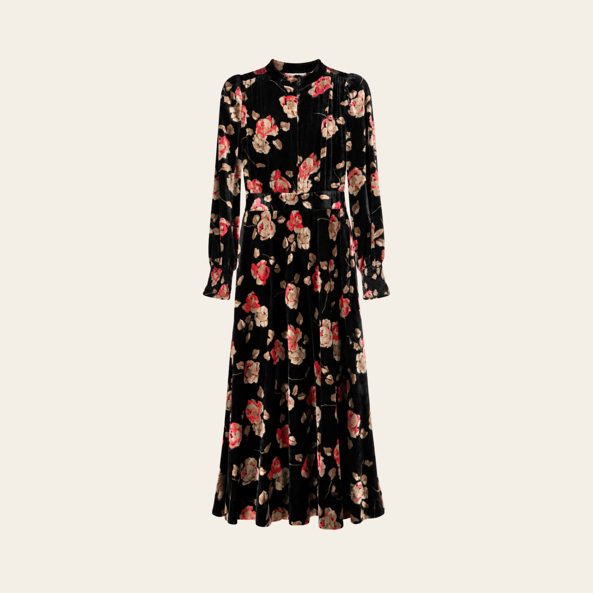 ME+EM — Robe midi Silk-Blend Velvet Tea Rose Print en velours noir à imprimé floral, taille 10 US / 42 EU