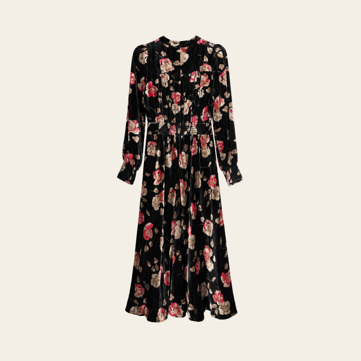 ME+EM — Robe midi Silk-Blend Velvet Tea Rose Print en velours noir à imprimé floral, taille 10 US / 42 EU