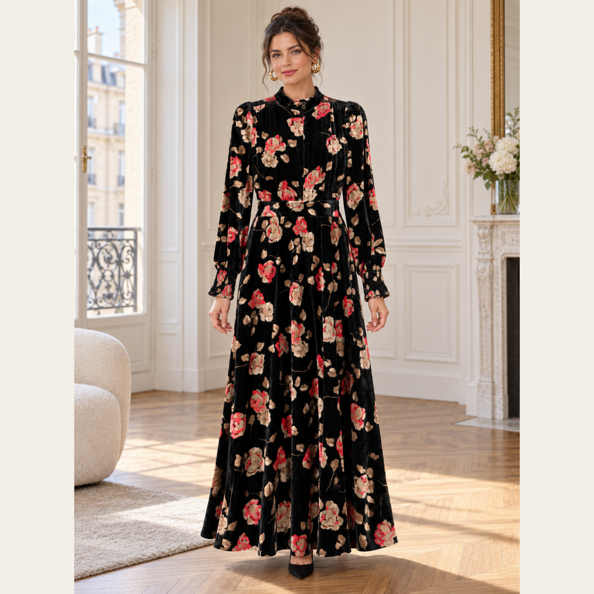 ME+EM — Robe midi Silk-Blend Velvet Tea Rose Print en velours noir à imprimé floral, taille 10 US / 42 EU