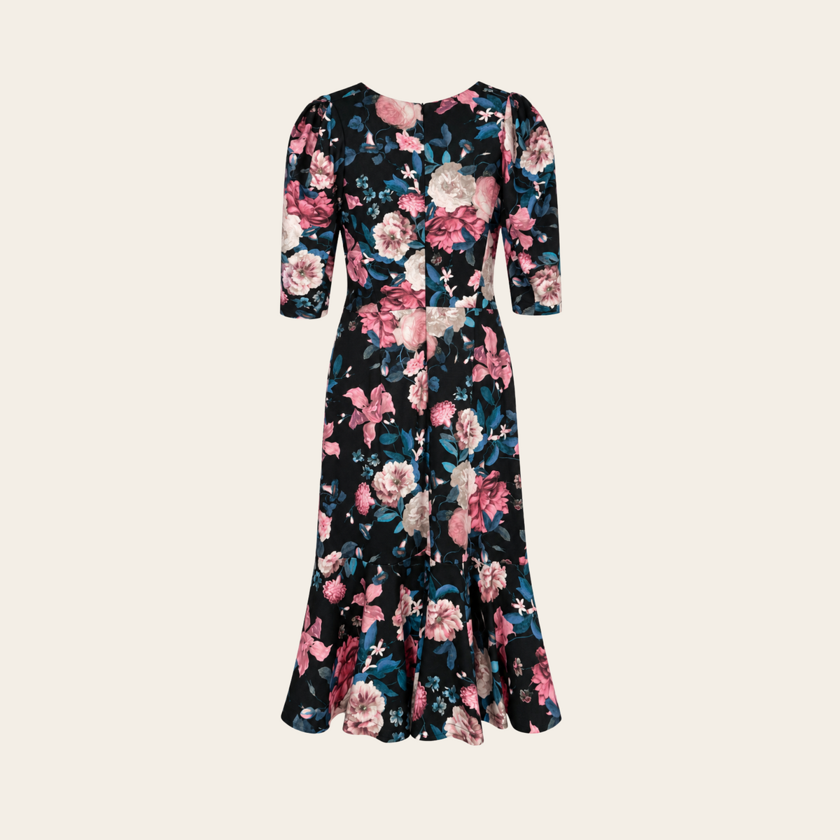 ERDEM — Robe midi noire à imprimé floral rose et bleu, décolleté en V et manches aux coudes, taille M