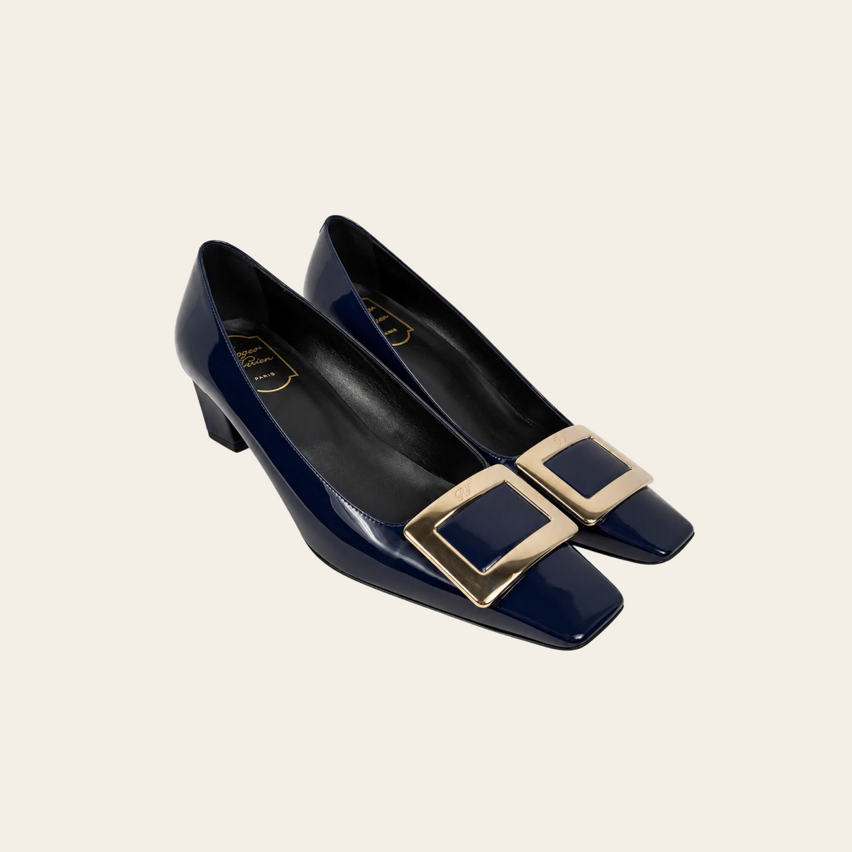 ROGER VIVIER — Escarpins à boucle signature en cuir verni bleu marine, taille 39