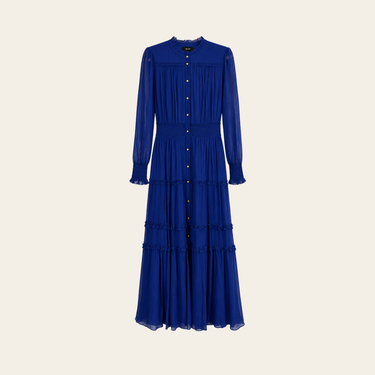 ME+EM — Robe longue Sheer Crinkle Silk-Blend bleu royal à volants et boutons dorés, taille 10 US / 42 EU
