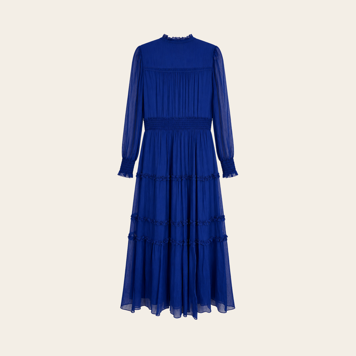 ME+EM — Robe longue Sheer Crinkle Silk-Blend bleu royal à volants et boutons dorés, taille 10 US / 42 EU