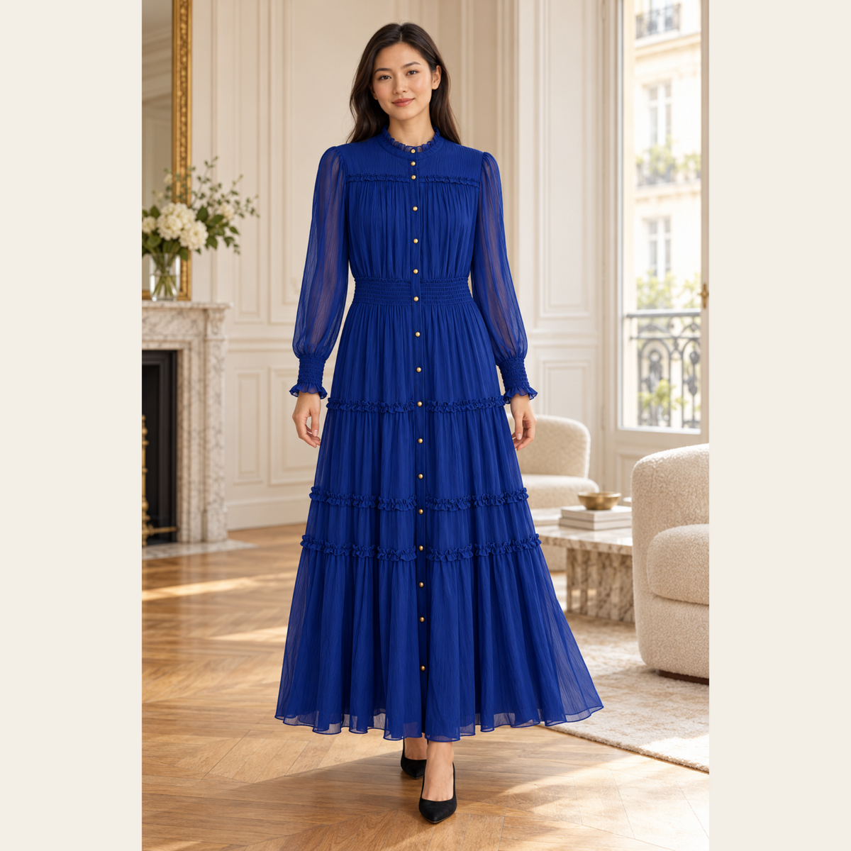 ME+EM — Robe longue Sheer Crinkle Silk-Blend bleu royal à volants et boutons dorés, taille 10 US / 42 EU