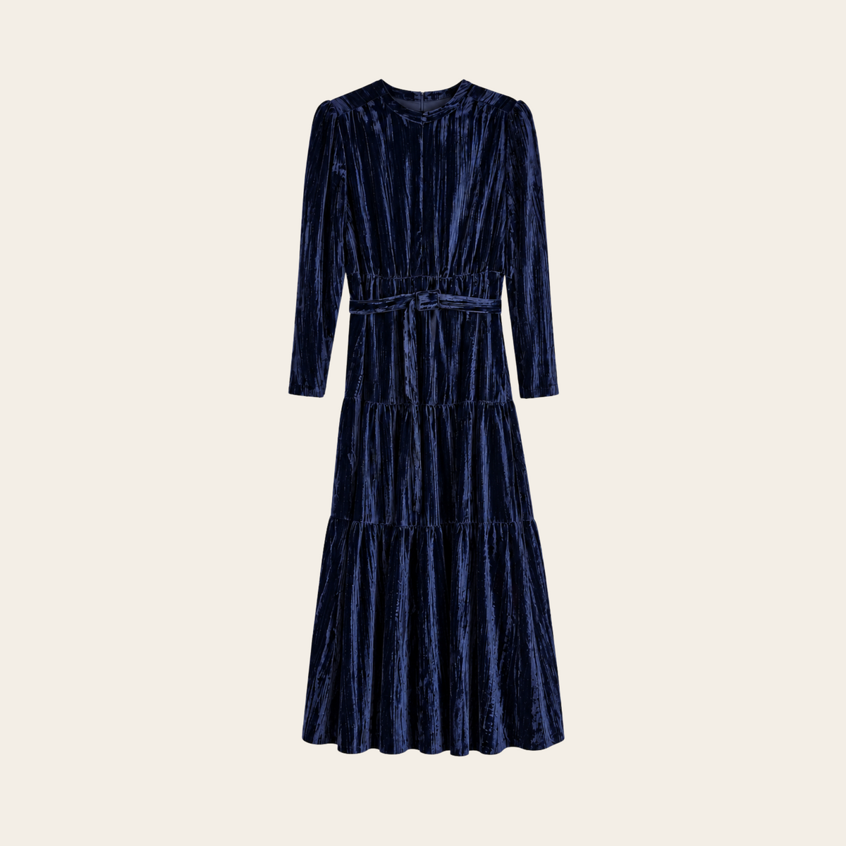 ME+EM — Robe longue en velours froissé bleu marine à manches longues et ceinture, taille 10 US / 42 EU
