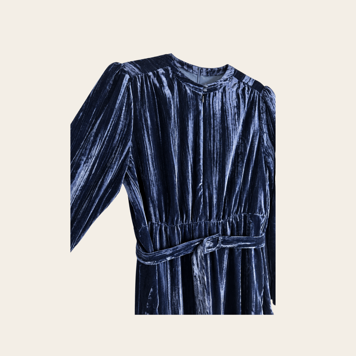 ME+EM — Robe longue en velours froissé bleu marine à manches longues et ceinture, taille 10 US / 42 EU