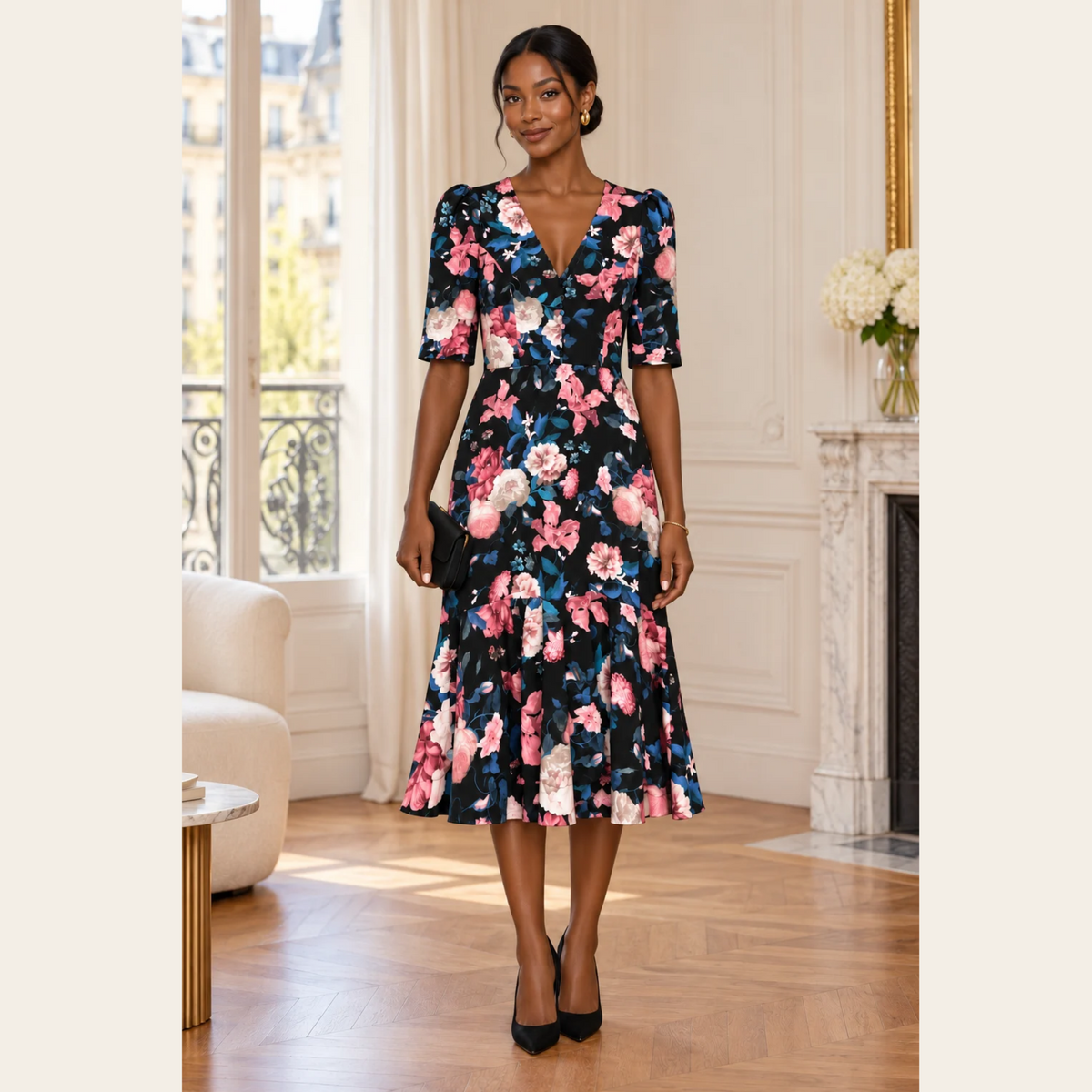 ERDEM — Robe midi noire à imprimé floral rose et bleu, décolleté en V et manches aux coudes, taille M