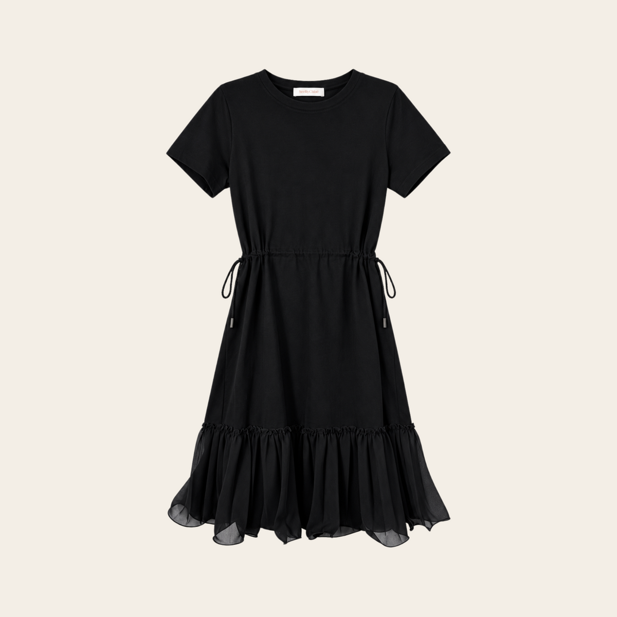 SEE BY CHLOÉ — Robe noire en jersey de coton à taille coulissée et volant en voile, taille L