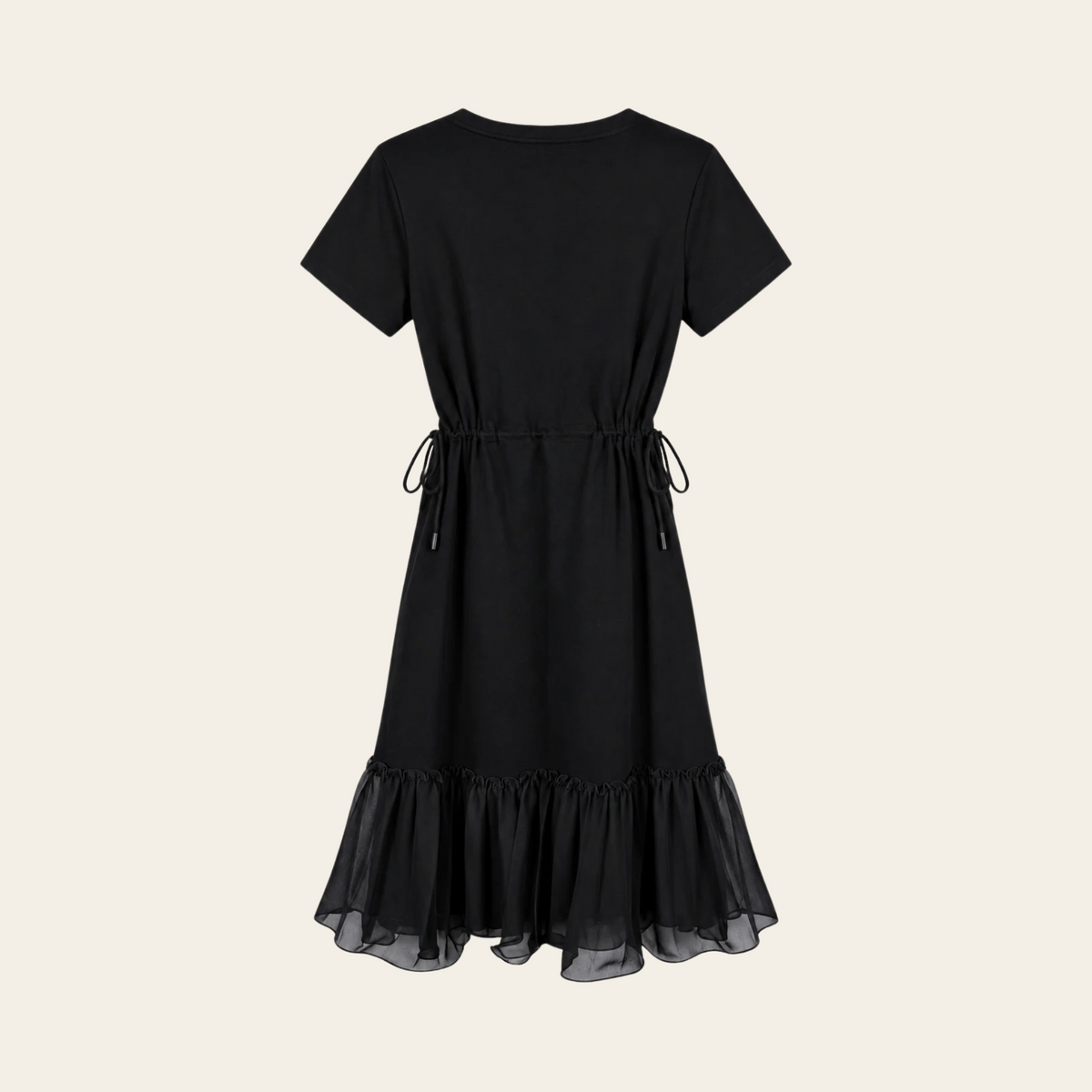 SEE BY CHLOÉ — Robe noire en jersey de coton à taille coulissée et volant en voile, taille L