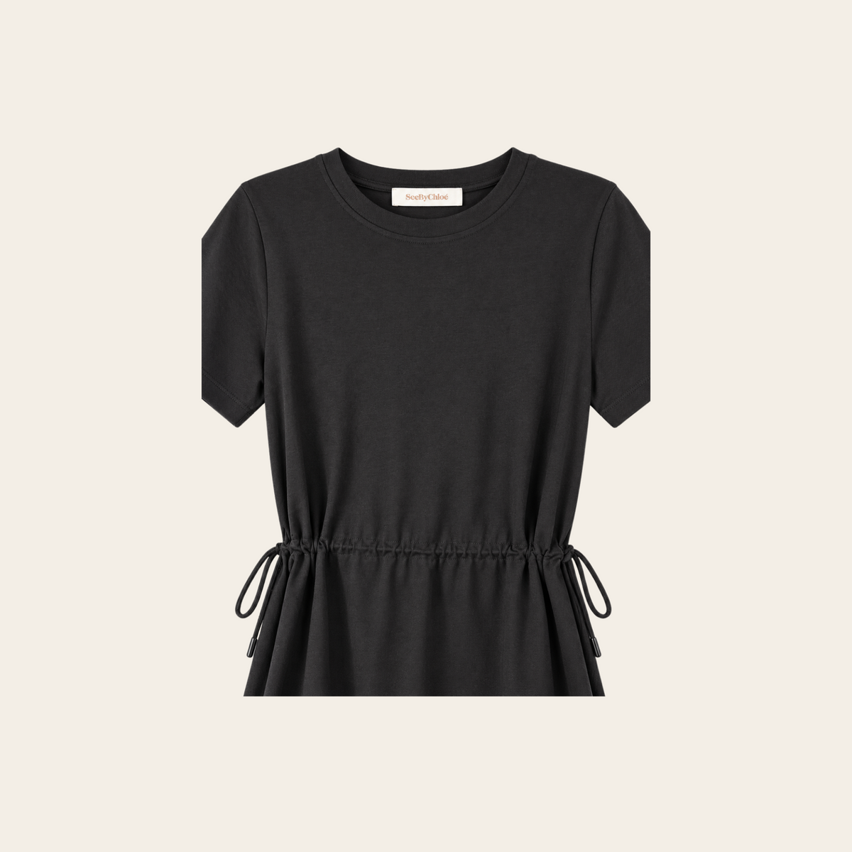 SEE BY CHLOÉ — Robe noire en jersey de coton à taille coulissée et volant en voile, taille L