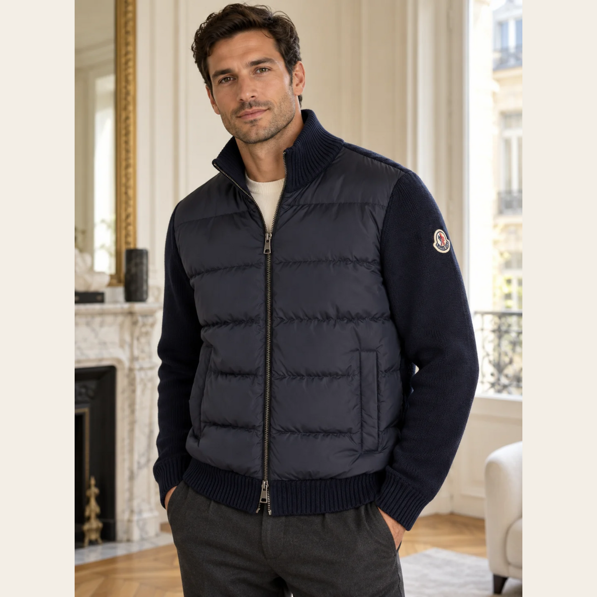 MONCLER — Cardigan Tricot en laine vierge bleu marine à devant matelassé et écusson signature, taille XL