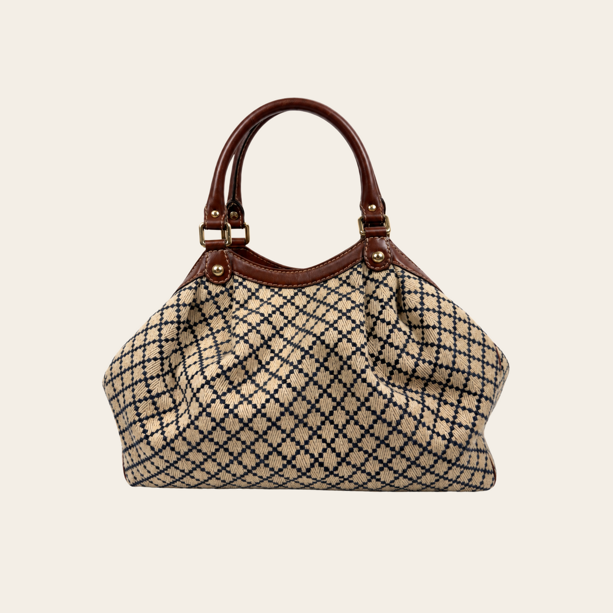 GUCCI — Sac cabas Sukey Medium en toile jacquard Diamante beige et bleu marine, garnitures en cuir brun et détails dorés, taille M