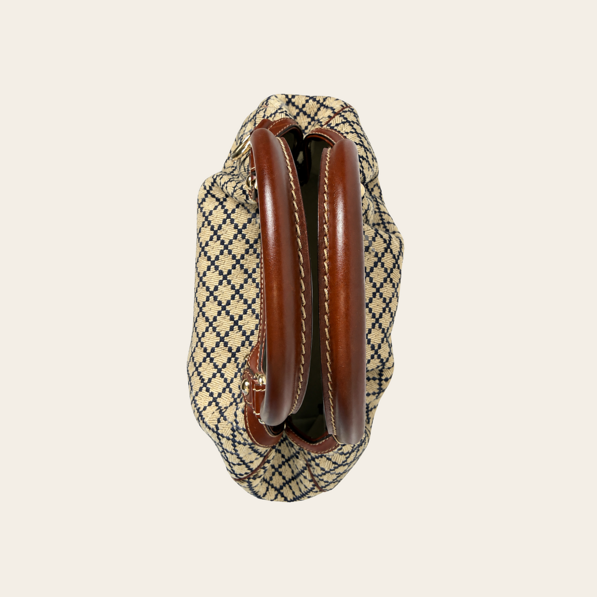GUCCI — Sac cabas Sukey Medium en toile jacquard Diamante beige et bleu marine, garnitures en cuir brun et détails dorés, taille M