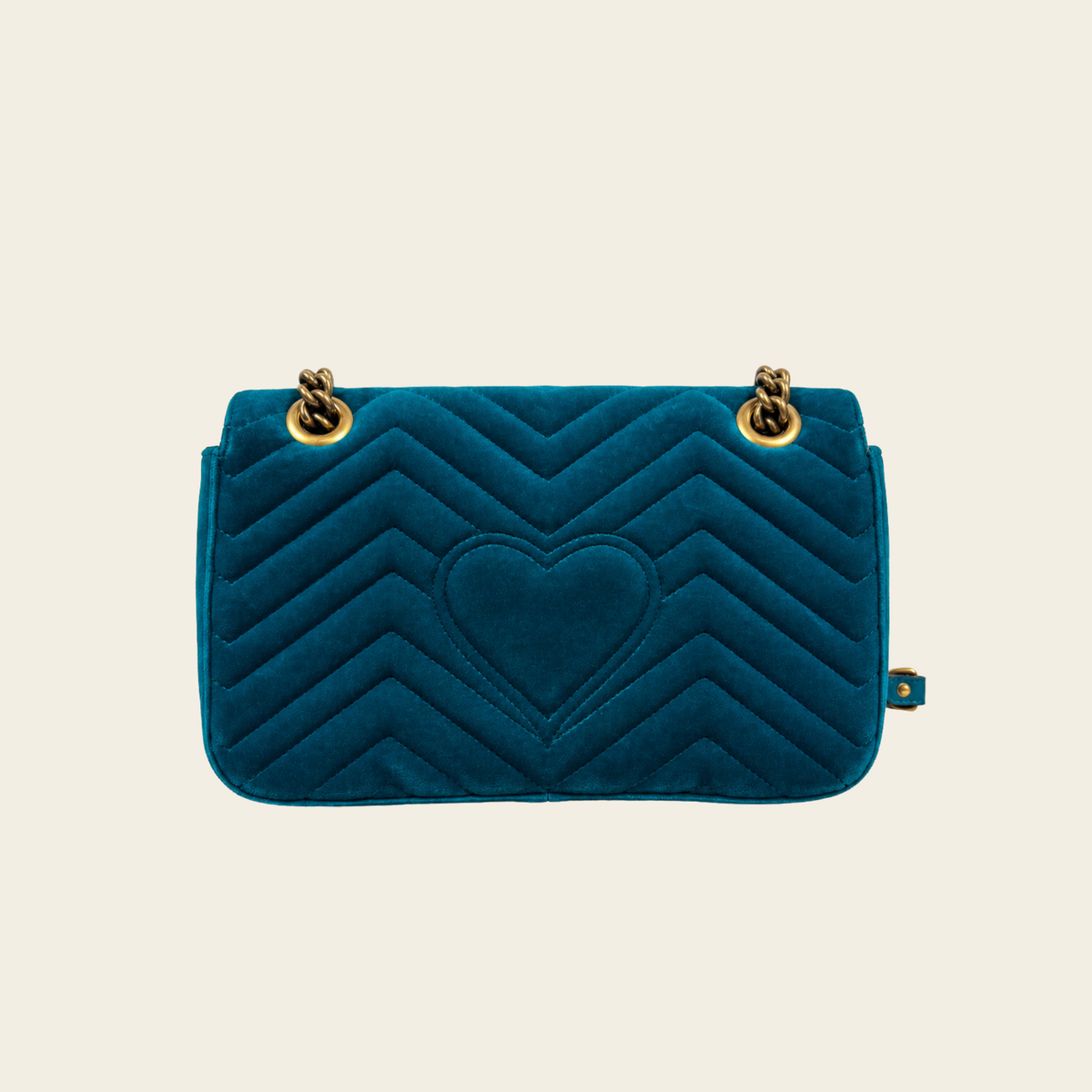 GUCCI — Sac GG Marmont Small en velours matelassé turquoise avec chaîne dorée et logo Double G, taille S