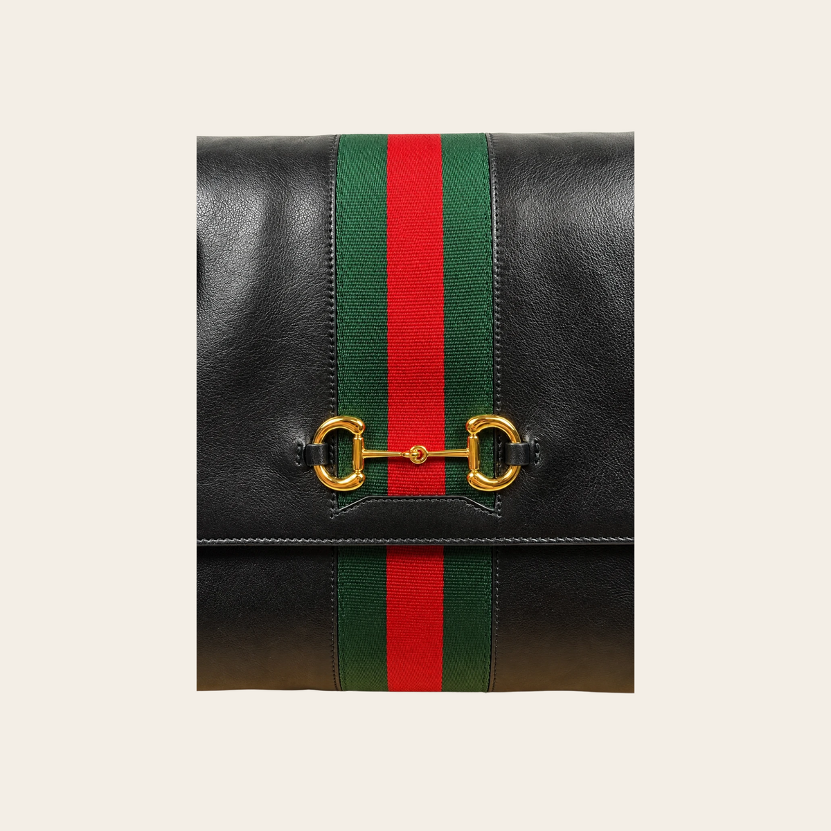 GUCCI — Sac Paparazzo Large en cuir noir avec bande Web verte et rouge et mors Horsebit