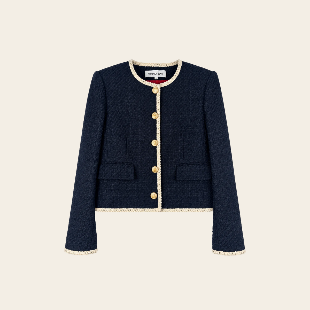VERONICA BEARD — Veste Mabel en tweed bleu marine à galons écrus et boutons dorés — L (12 US)