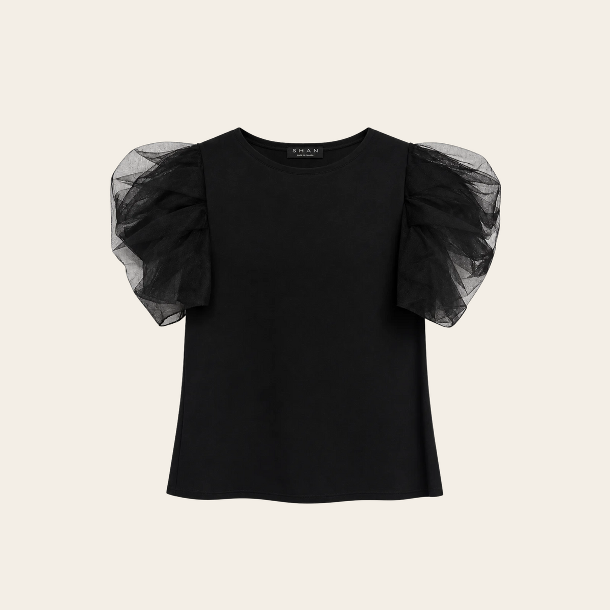 SHAN — Haut Ariel « Glamorous Puff-Sleeve Top » noir à manches bouffantes en tulle, L