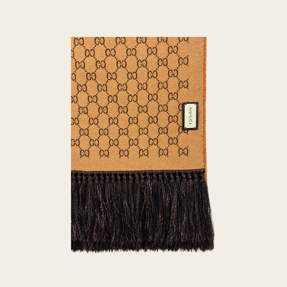 GUCCI — Écharpe réversible à motif GG beige et marron à franges
