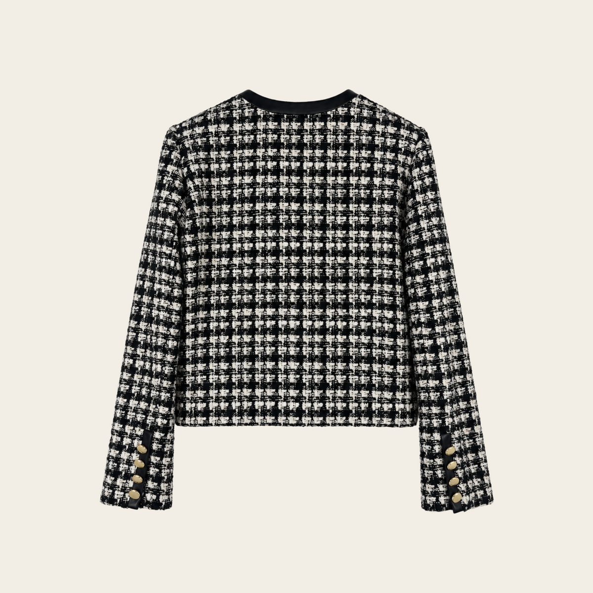 ALICE + OLIVIA — Veste Donita en tweed noir et écru à finitions en similicuir et boutons dorés — L