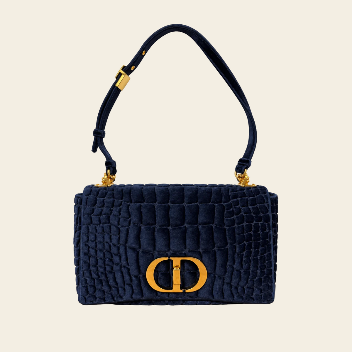 CHRISTIAN DIOR — Sac Caro Medium en velours bleu marine brodé effet crocodile, taille M