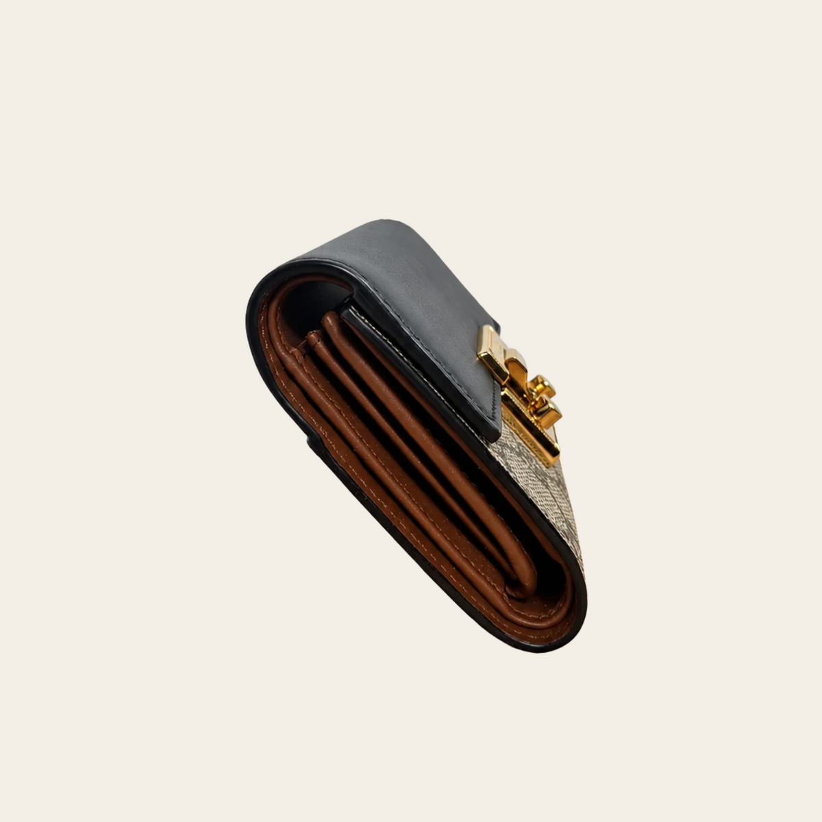 GUCCI — Portefeuille compact GG Supreme Padlock en toile beige et cuir noir