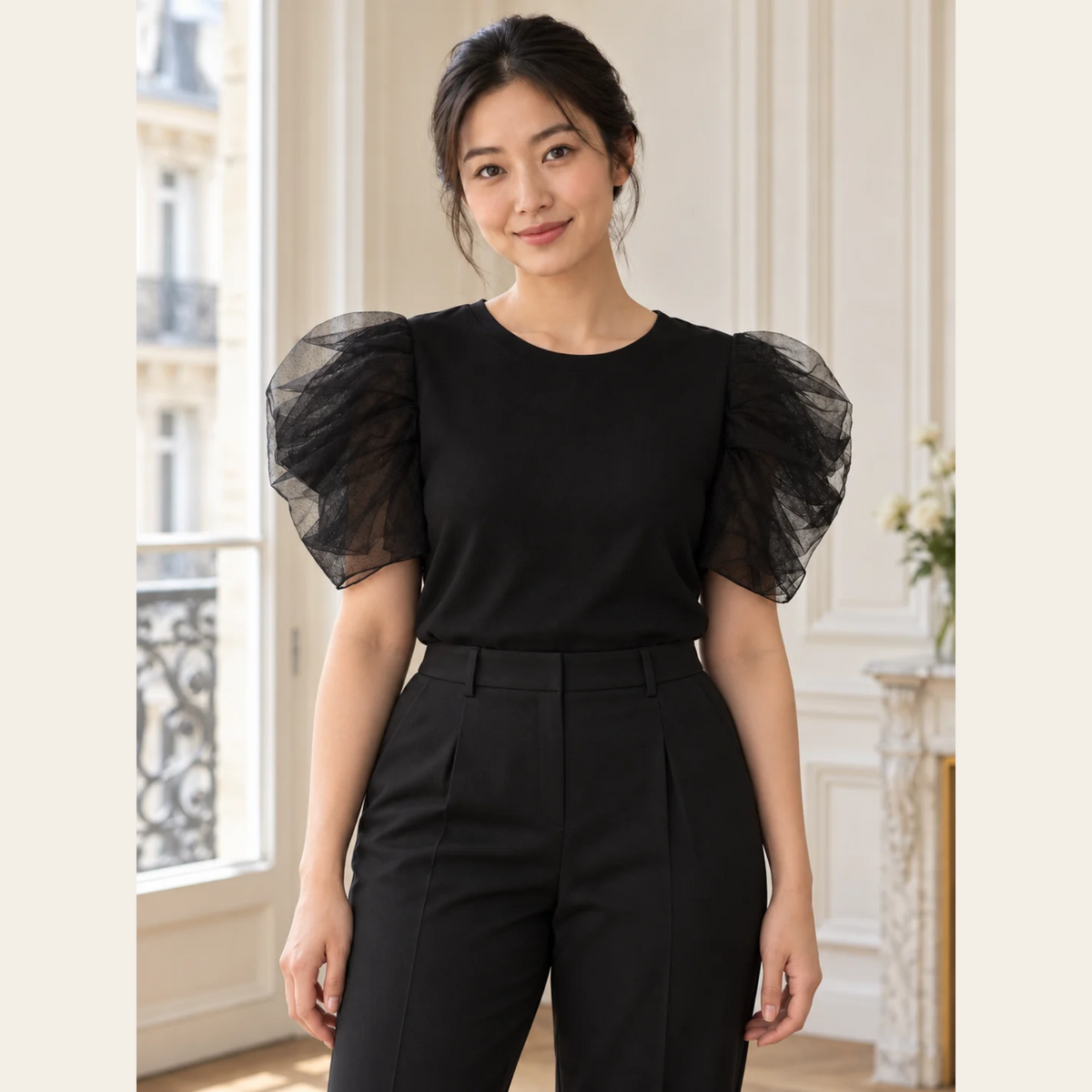 SHAN — Haut Ariel « Glamorous Puff-Sleeve Top » noir à manches bouffantes en tulle, L