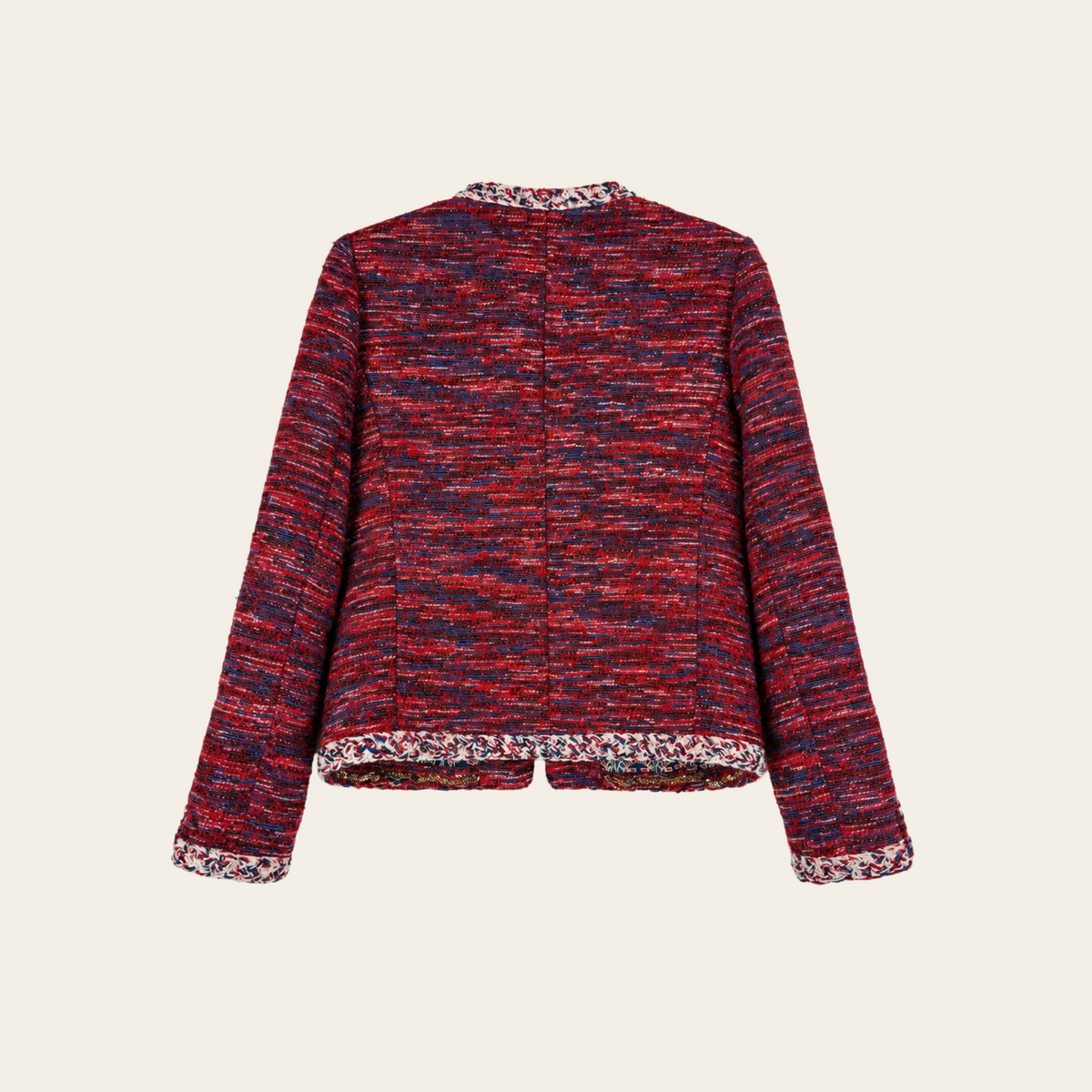 CHANEL — Veste en tweed rouge et bleu à galons tressés et boutons double C dorés, taille S/M (38 FR)