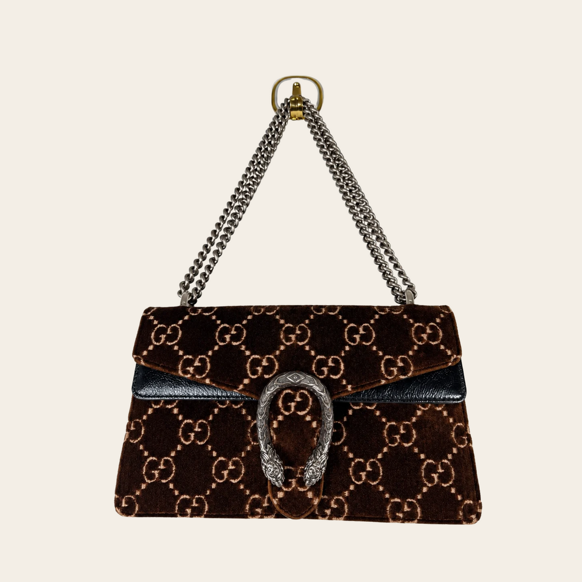 GUCCI — Sac Dionysus Medium en velours GG Supreme marron et cuir noir, taille M