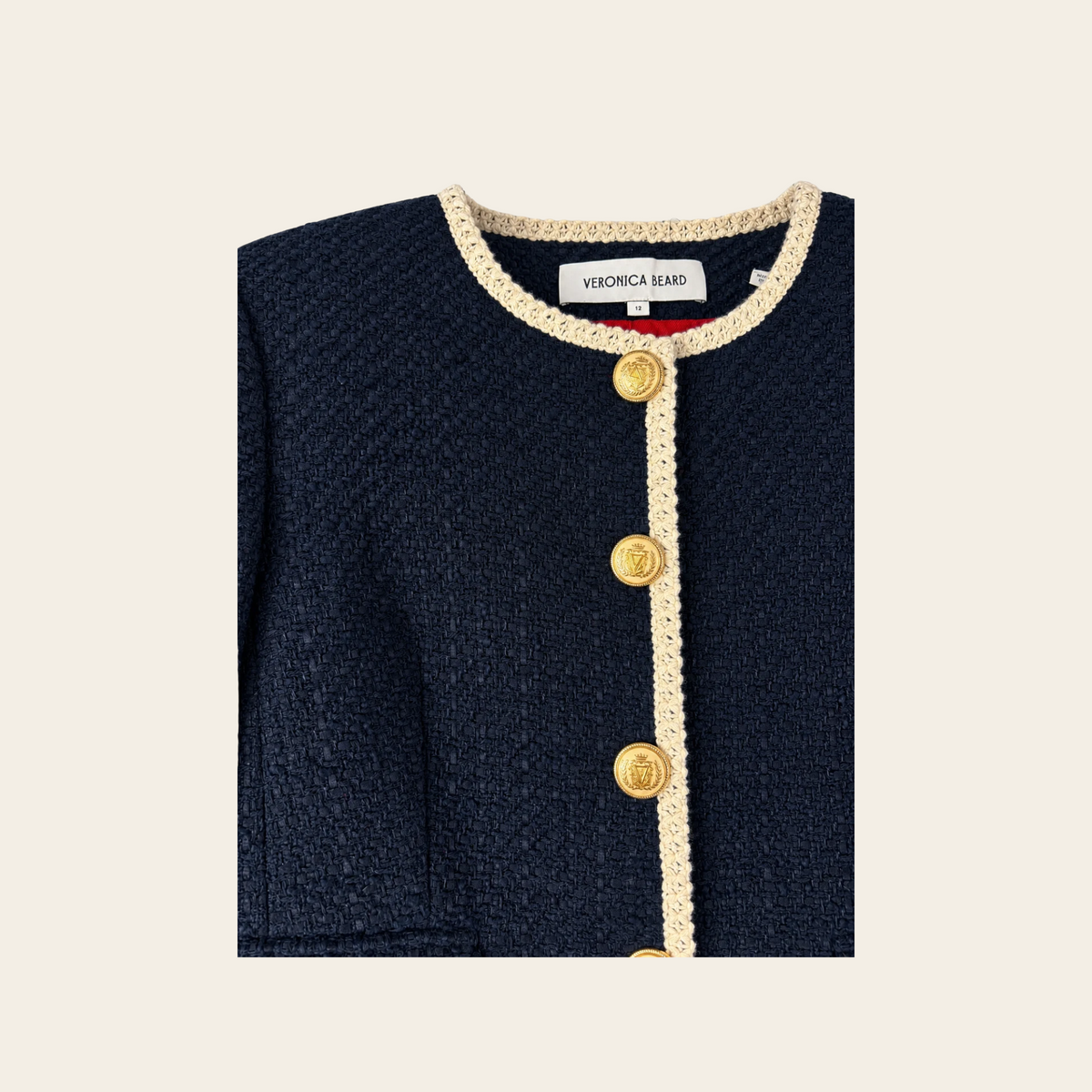 VERONICA BEARD — Veste Mabel en tweed bleu marine à galons écrus et boutons dorés — L (12 US)