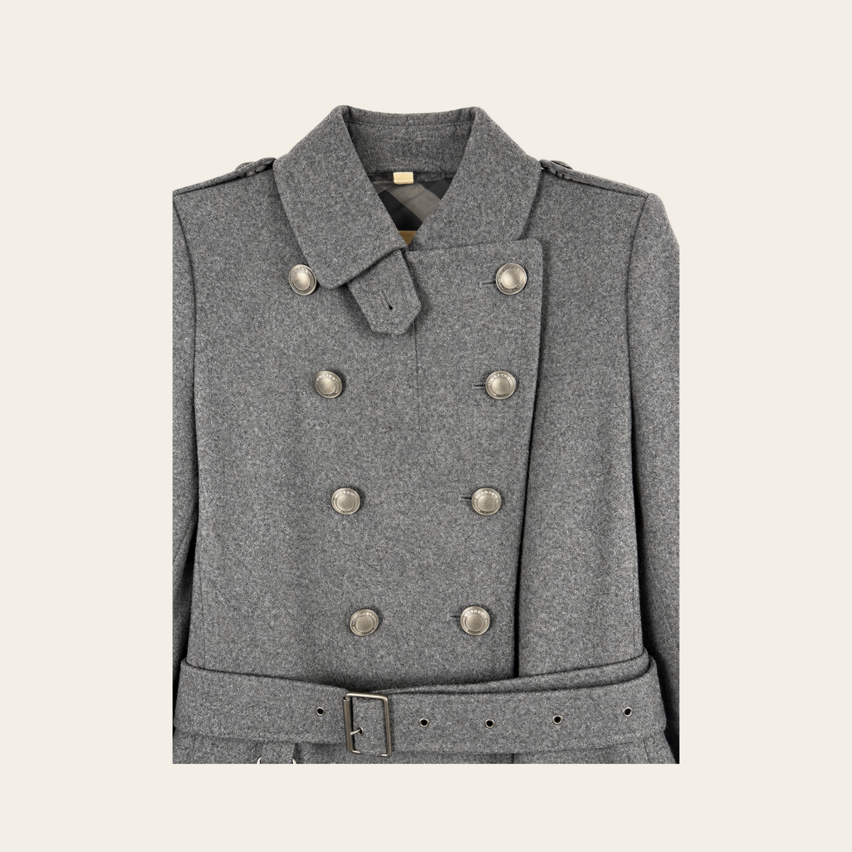 BURBERRY BRIT — Manteau Banaptes croisé en laine vierge et cachemire gris anthracite, taille UK 14 / US 12