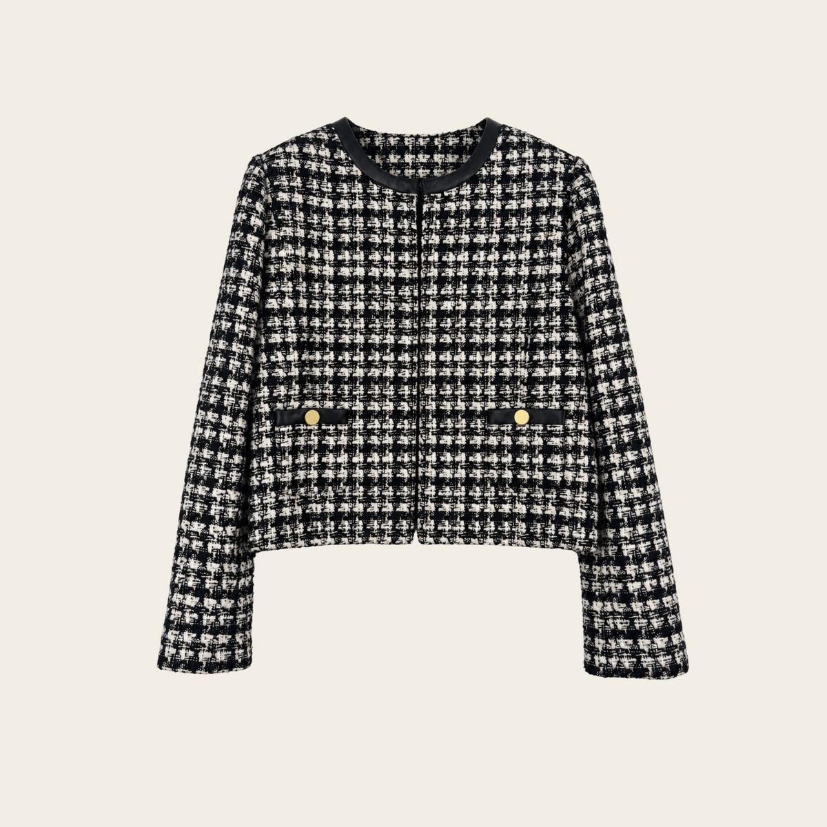ALICE + OLIVIA — Veste Donita en tweed noir et écru à finitions en similicuir et boutons dorés — L