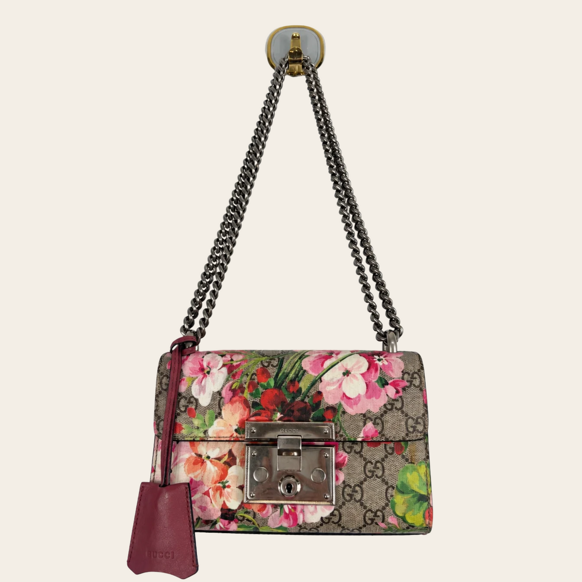 GUCCI — Sac Padlock Small GG Supreme Blooms à imprimé floral et cuir bordeaux