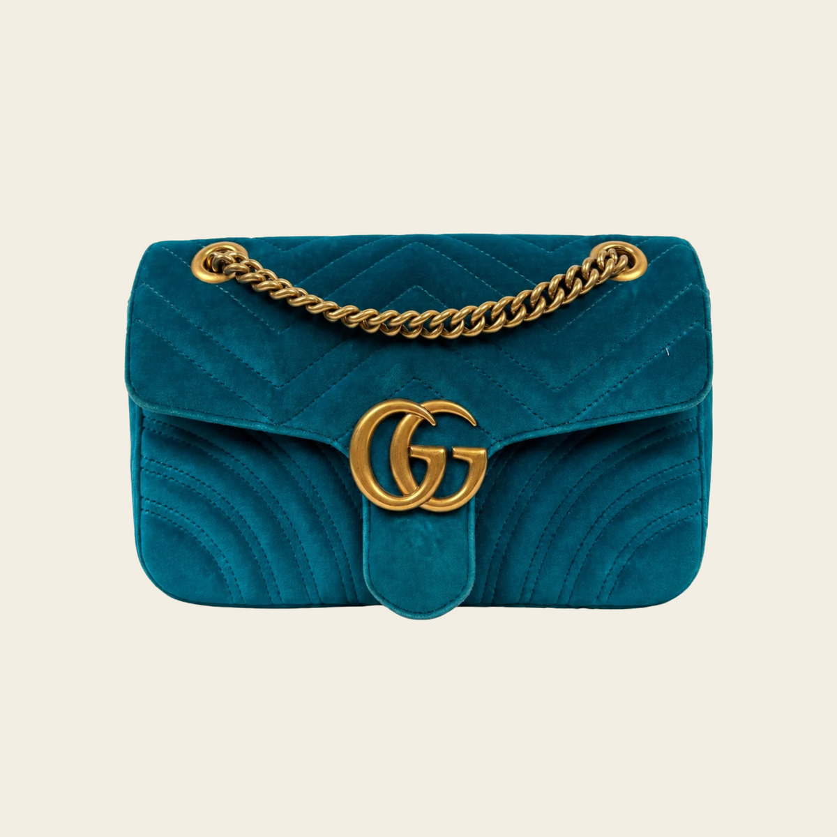 GUCCI — Sac GG Marmont Small en velours matelassé turquoise avec chaîne dorée et logo Double G, taille S