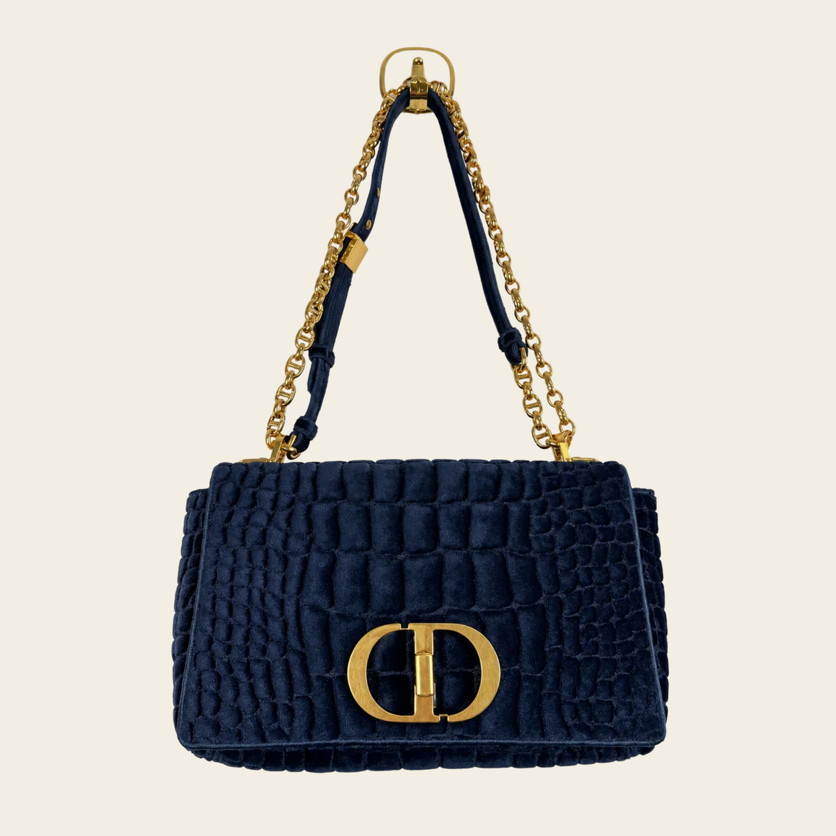 CHRISTIAN DIOR — Sac Caro Medium en velours bleu marine brodé effet crocodile, taille M