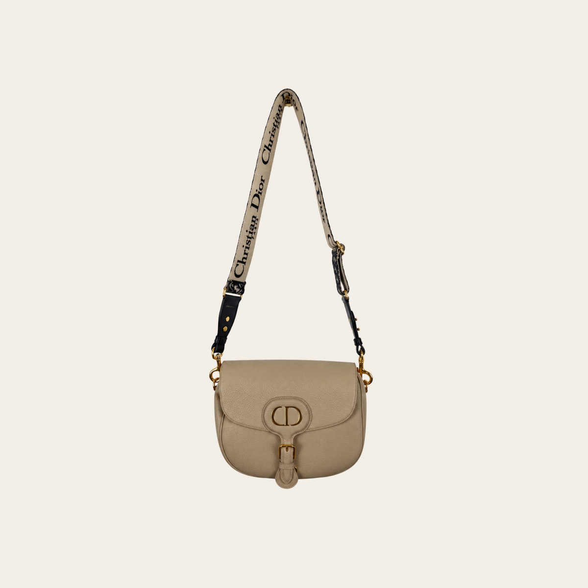 DIOR — Sac Bobby Large en cuir grainé beige avec bandoulière Dior Oblique et détails dorés, taille L