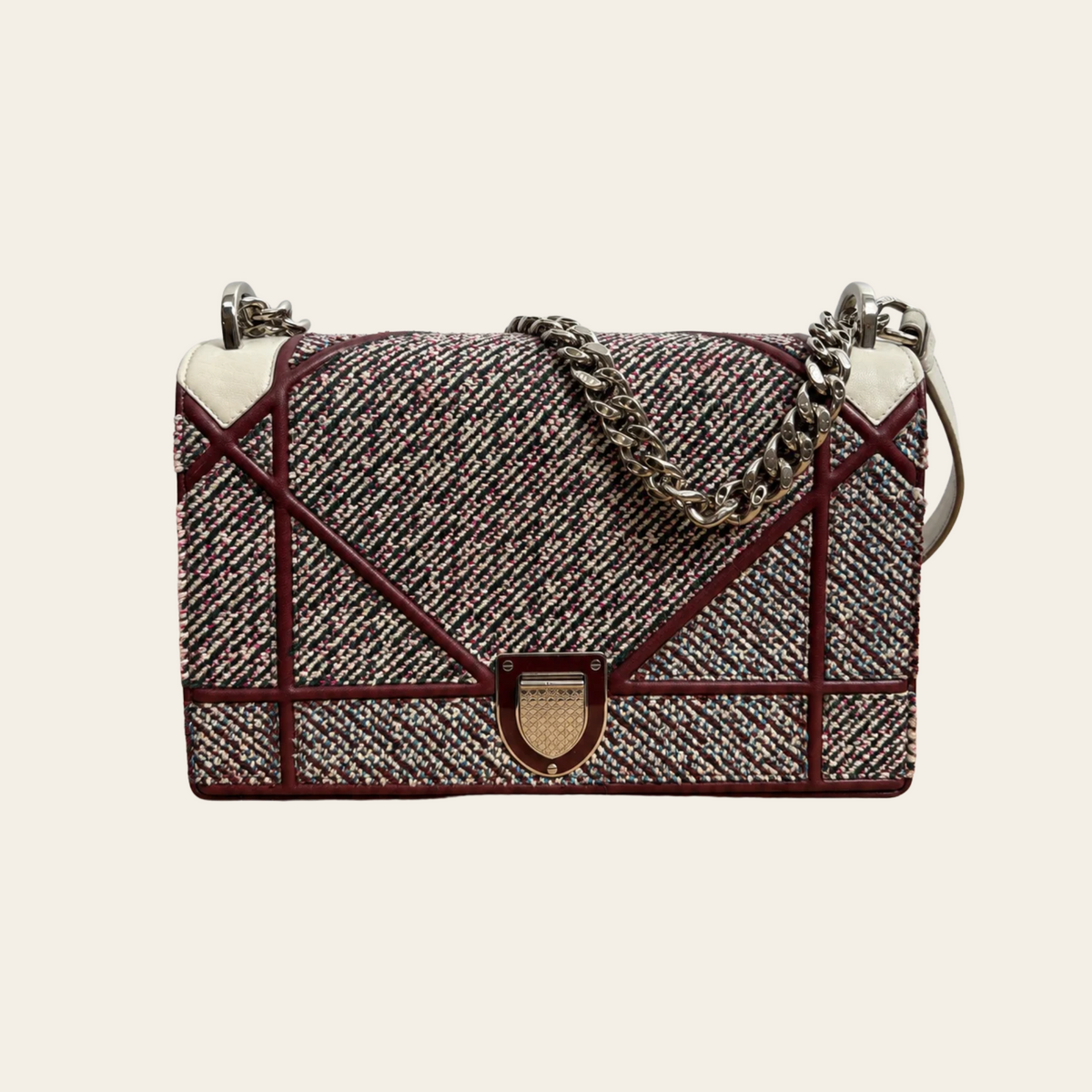 CHRISTIAN DIOR — Sac Diorama en tweed multicolore et cuir bordeaux