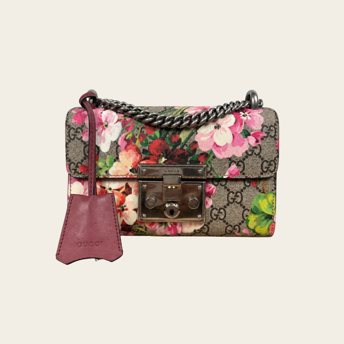 GUCCI — Sac Padlock Small GG Supreme Blooms à imprimé floral et cuir bordeaux