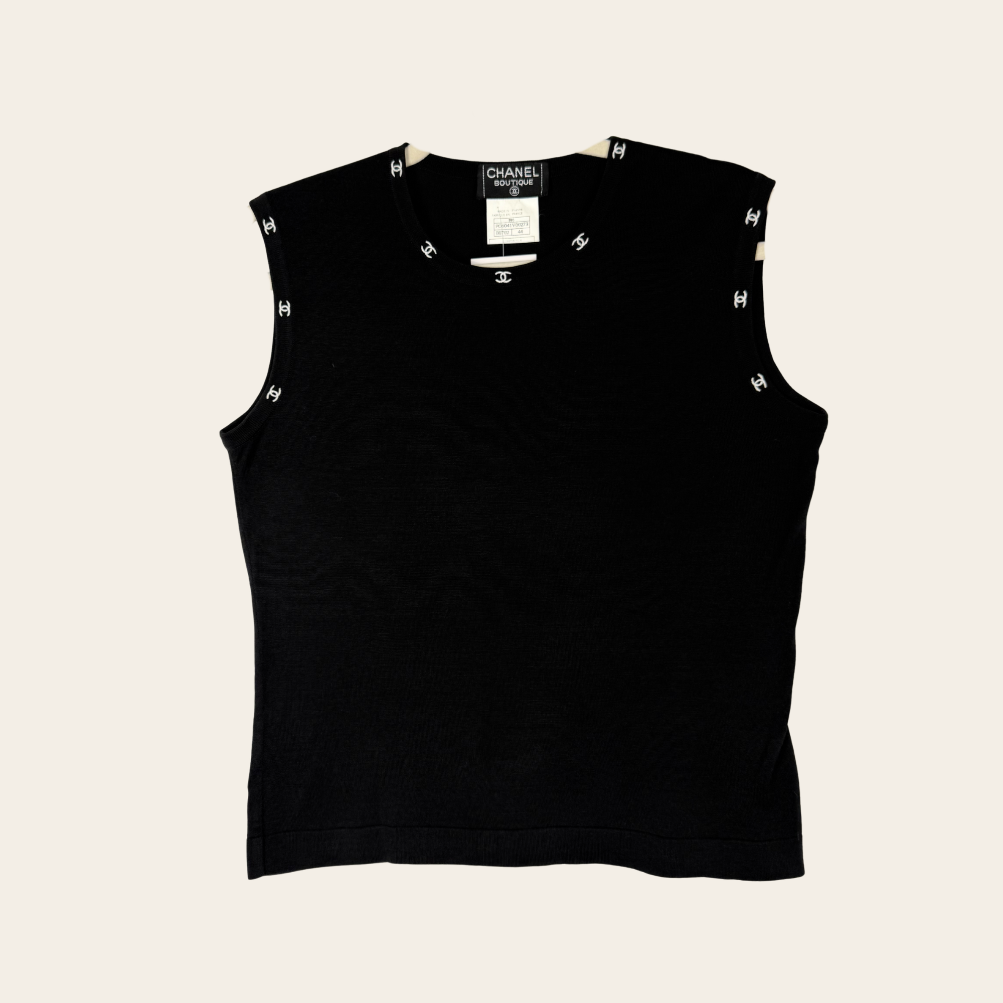 Haut sans manches Chanel Boutique Cruise 1996 à bordures CC brodées, Taille 44 FR / US 12