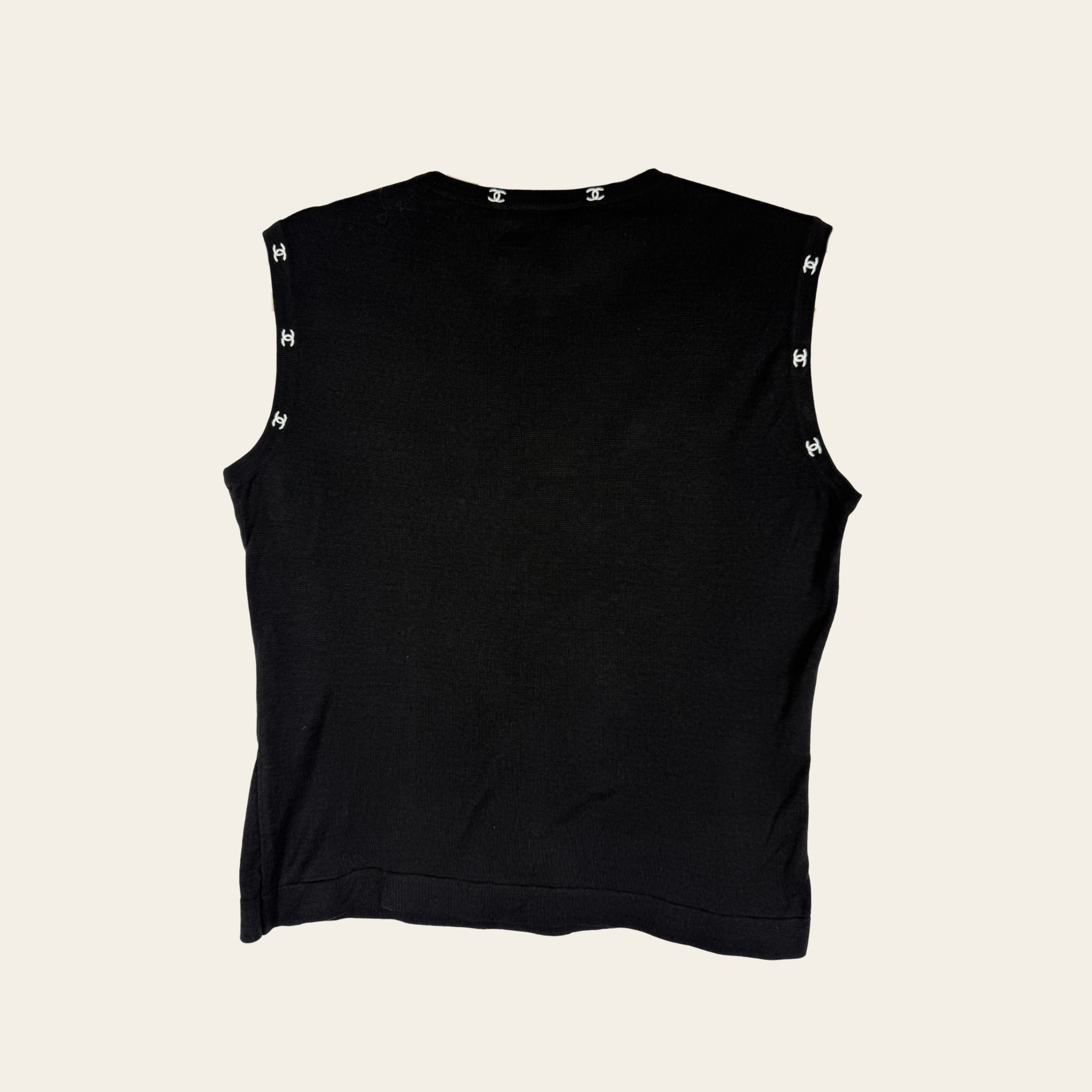 Haut sans manches Chanel Boutique Cruise 1996 à bordures CC brodées, Taille 44 FR / US 12